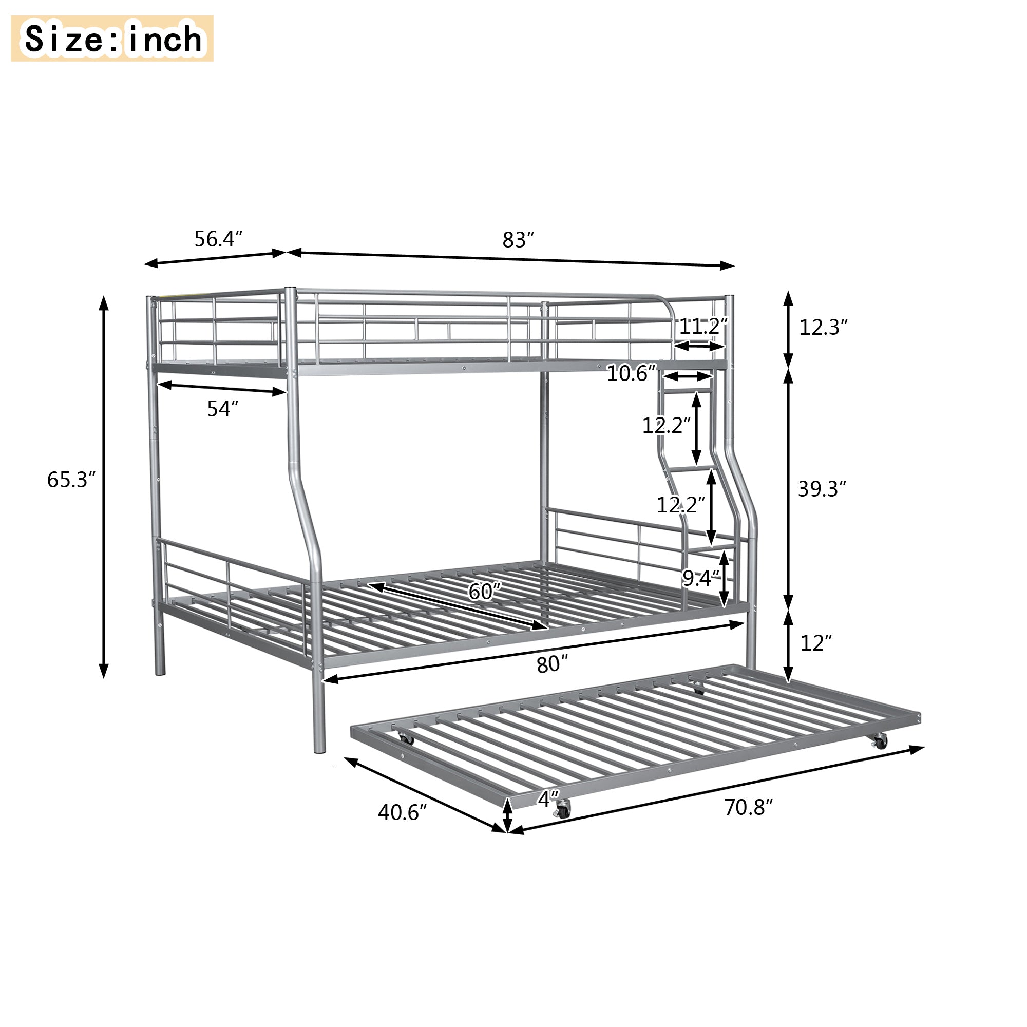 Full XL Over Queen Metal Bunk Bed with Trundle, Silver