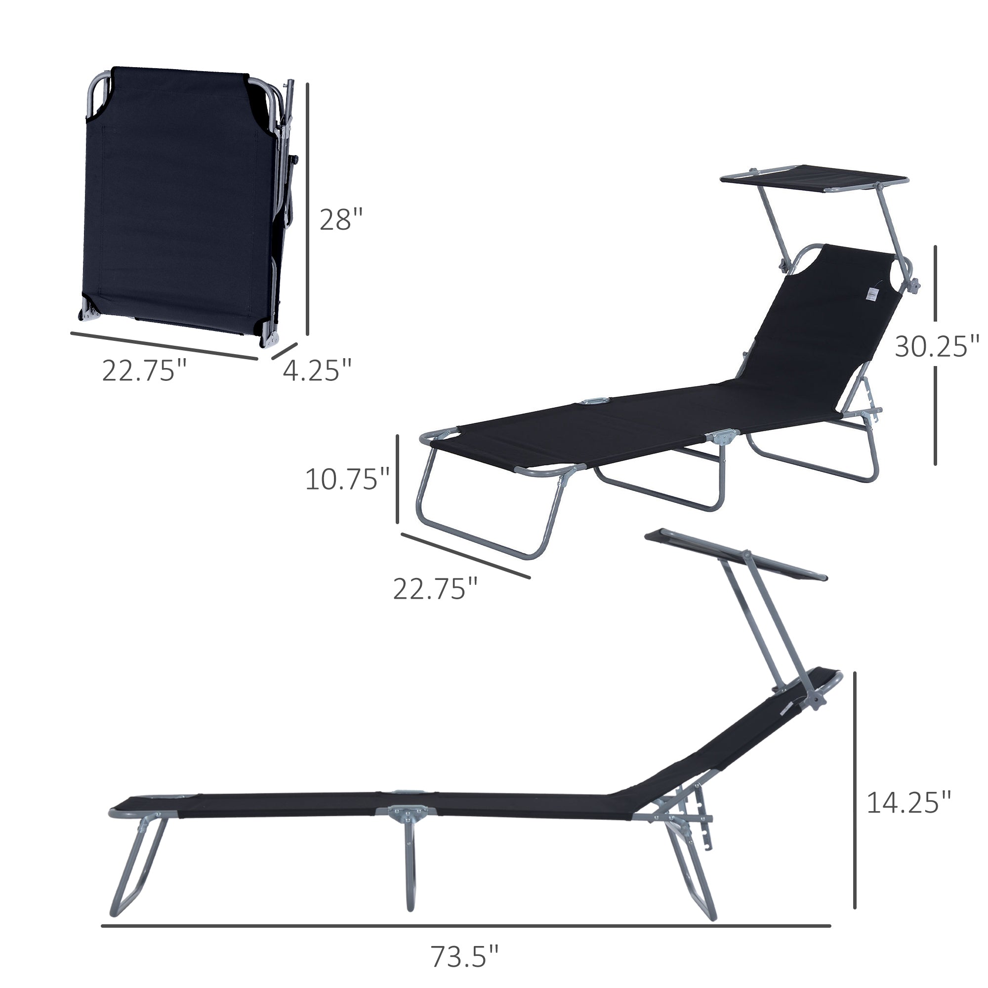 Outsunny Outdoor Lounge Chair, Adjustable Folding Chaise Lounge, Tanning Chair with Sun Shade for Beach, Camping, Hiking, Backyard, Black