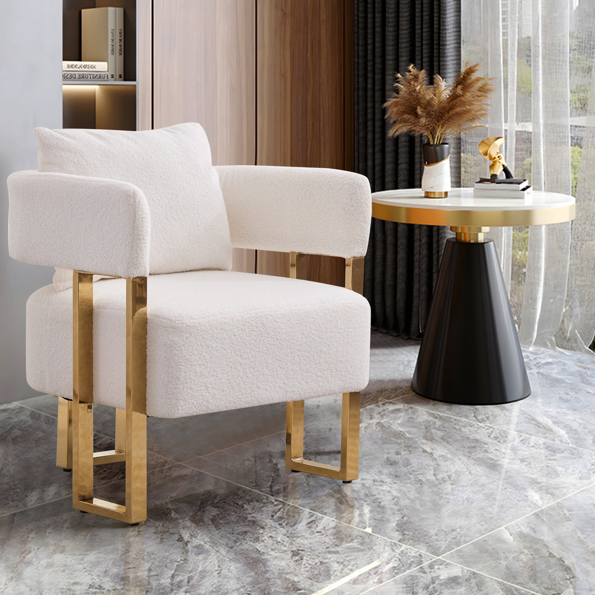 TS Modern decorative chair, living room side chair with gold metal legs, no wheels, suitable for dressing area, reception room, office,Teddy fleece upholstered metal foot sofa 1PC White