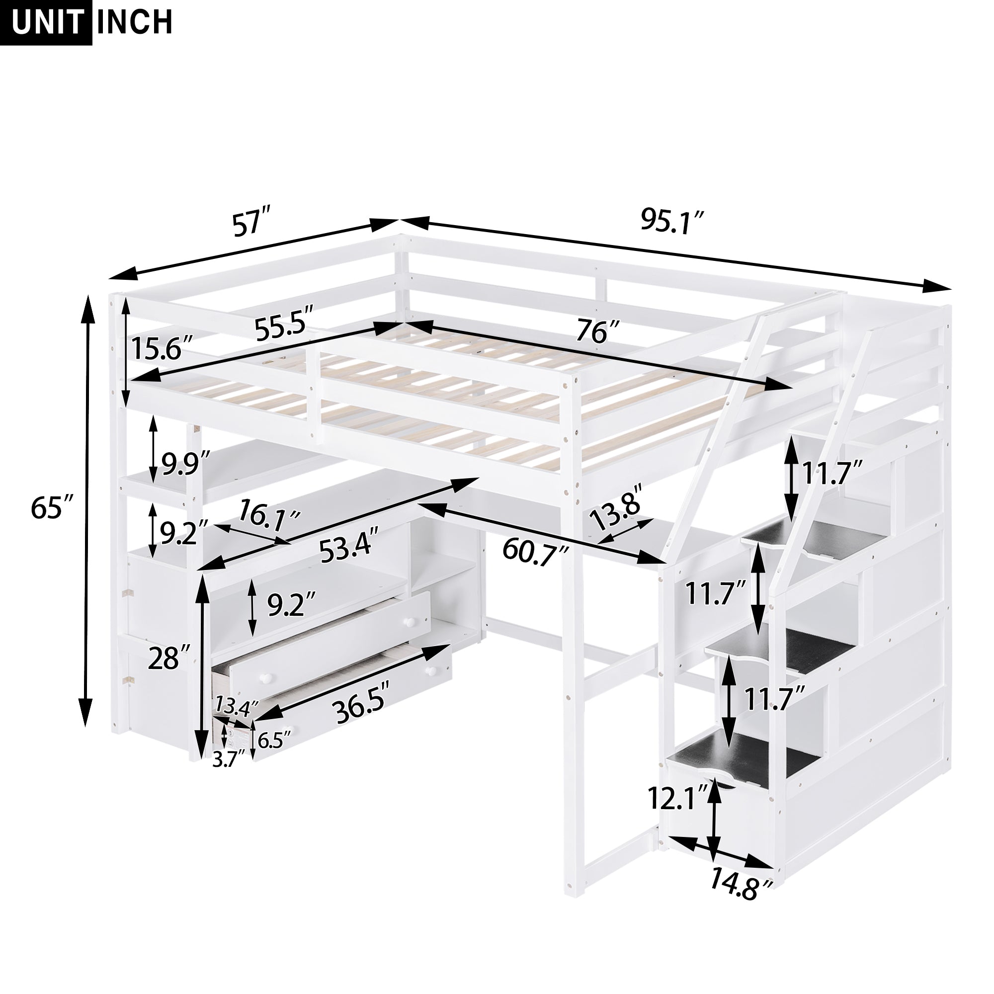 Full Size Loft Bed with Desk and Shelves, Two Built-in Drawers, Storage Staircase, White