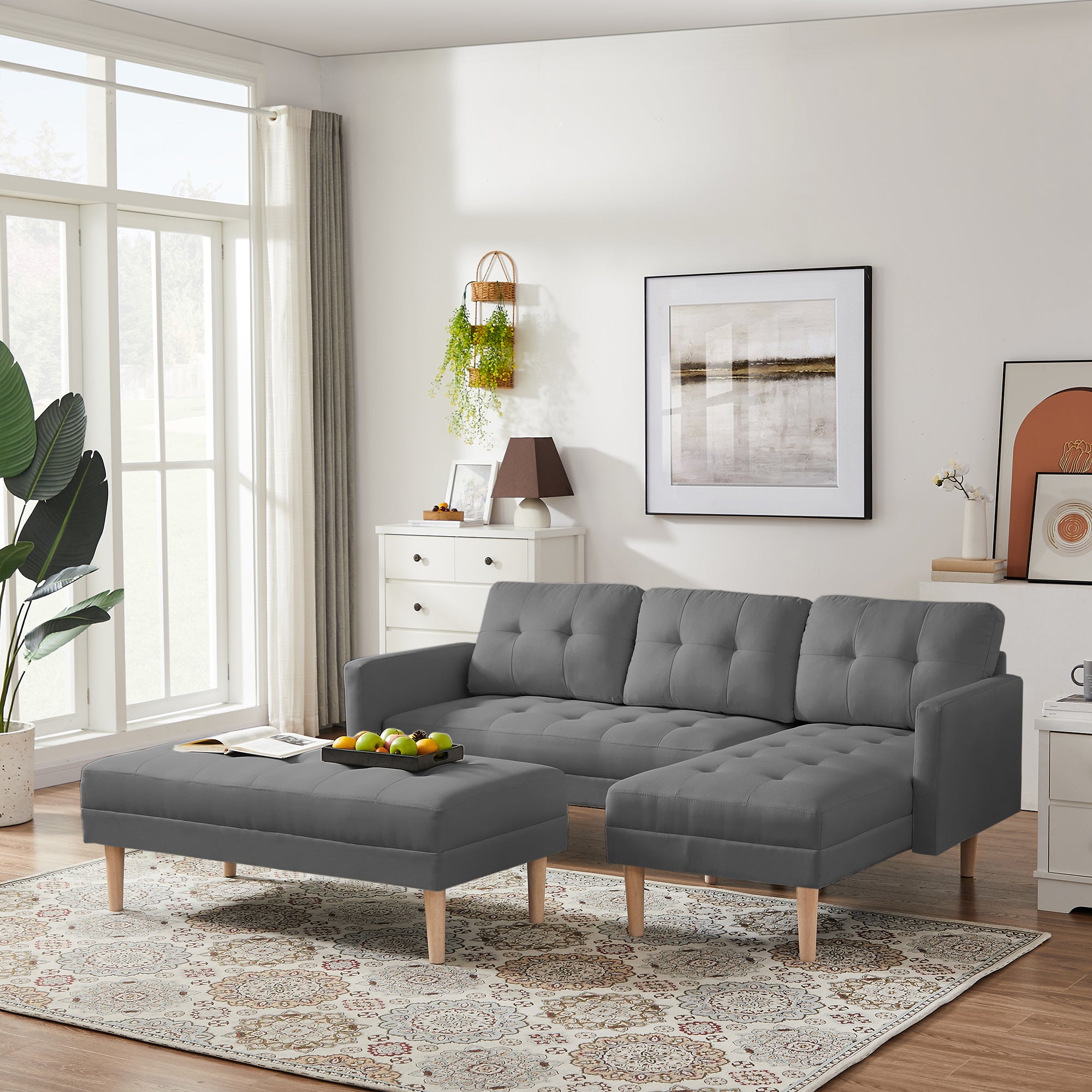 GREY Fabric Right Facing Sectional Sofa Bed , L-shape Sofa Chaise Lounge with Ottoman Bench