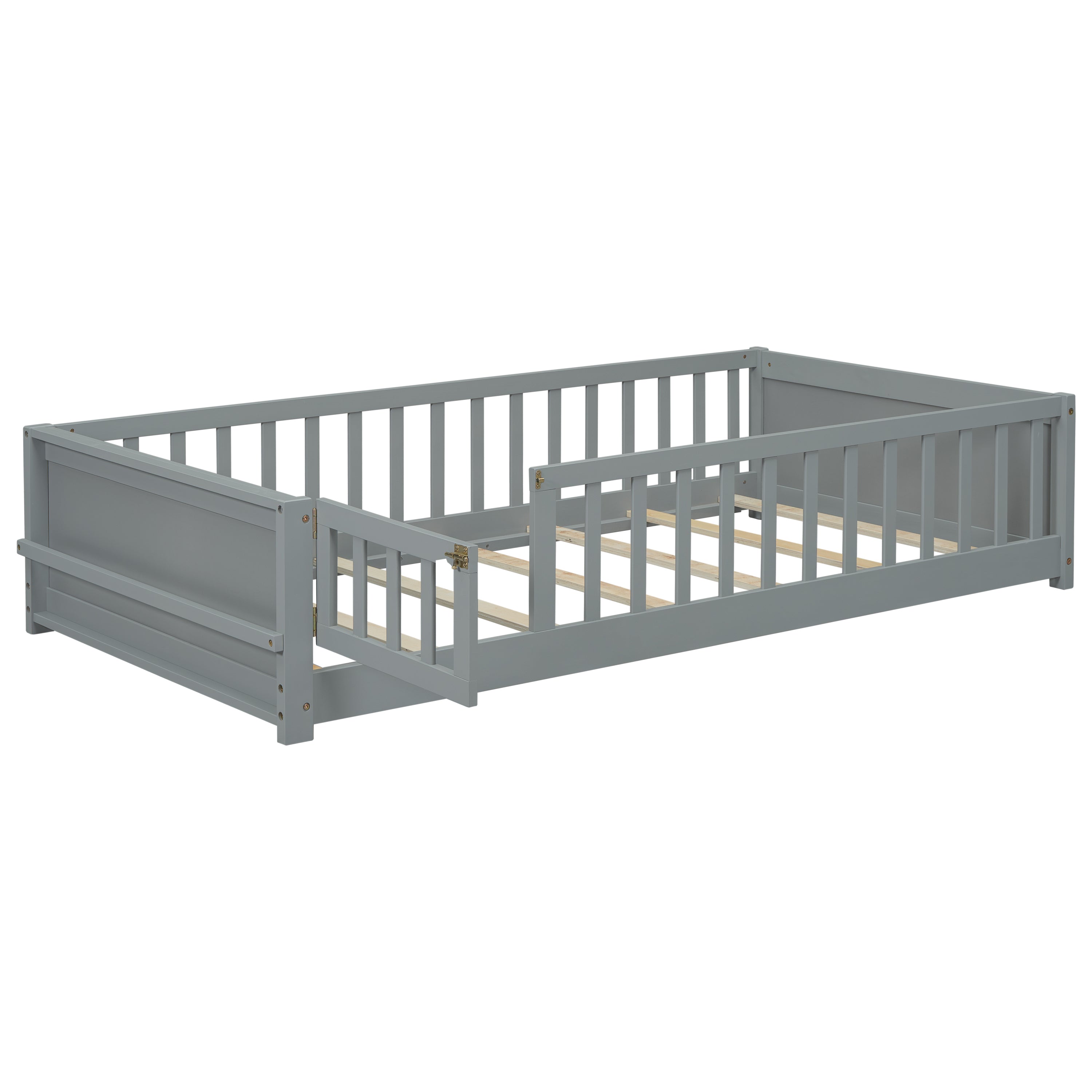 Twin size Floor Platform Bed with Built-in Book Storage Rack, Door,Grey