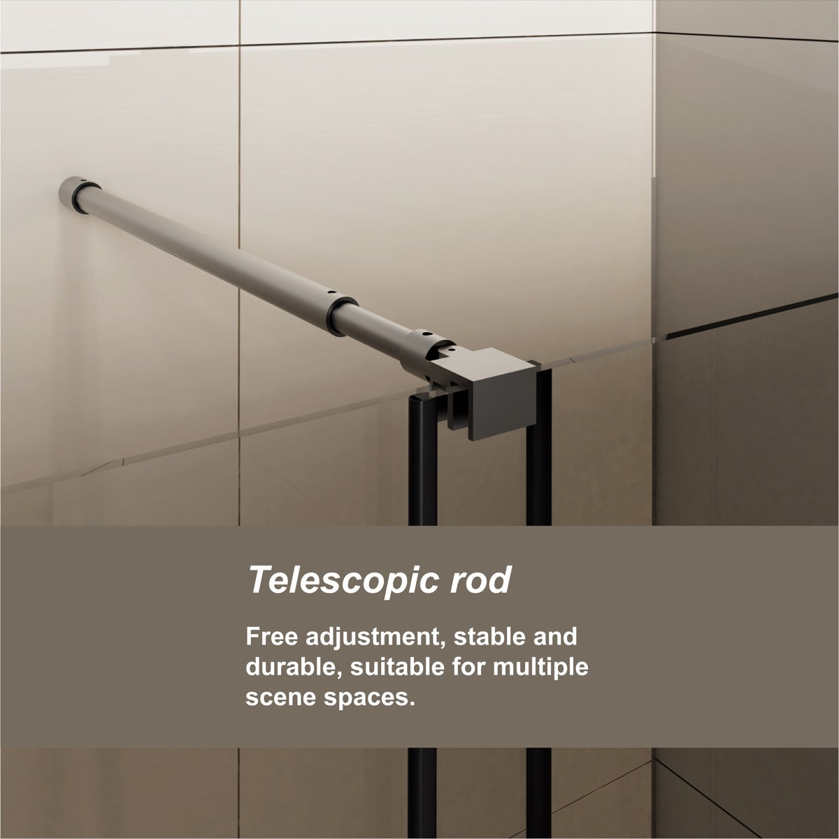 Matte black shower door telescopic support bar detail
