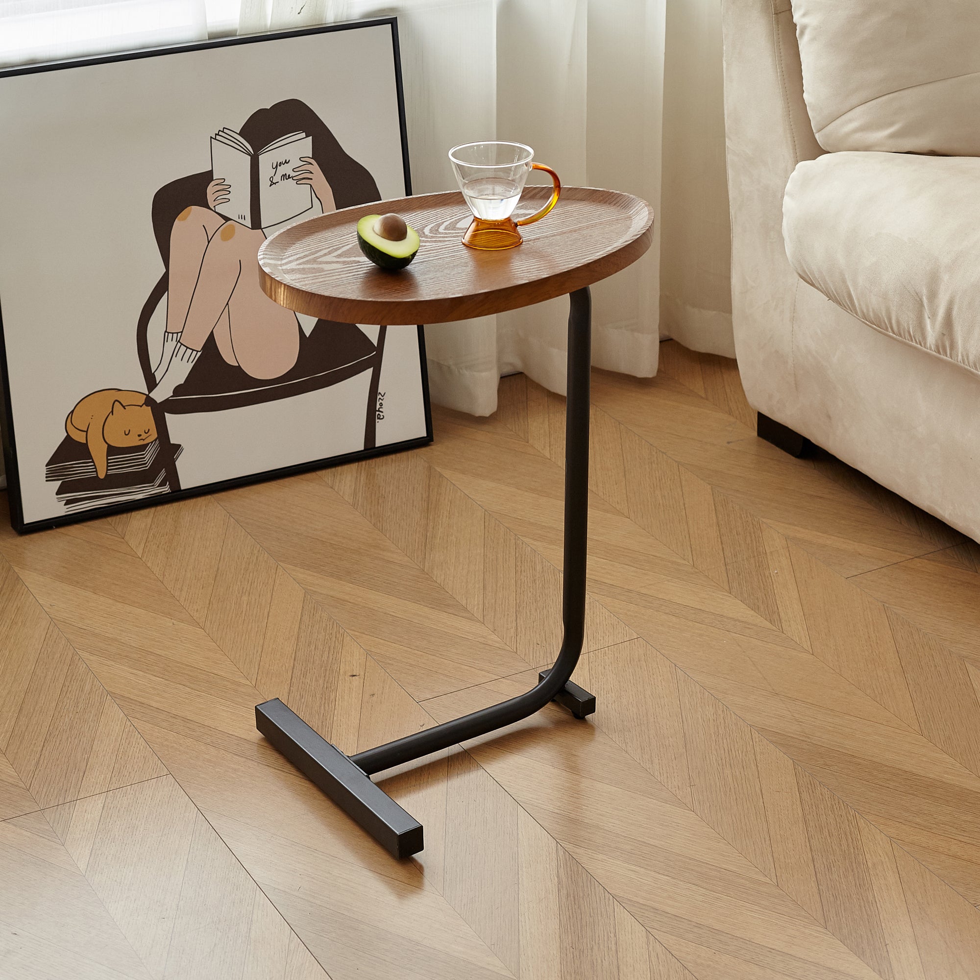 Brown C-shaped Side Table, Small Sofa Table for Living room