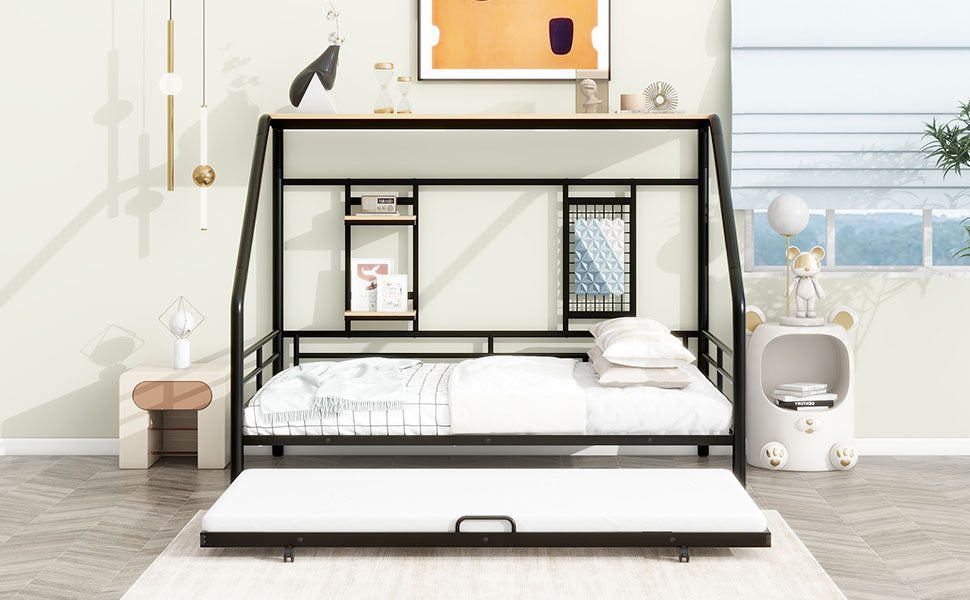 Full Size Metal House Bed with Trundle, Black