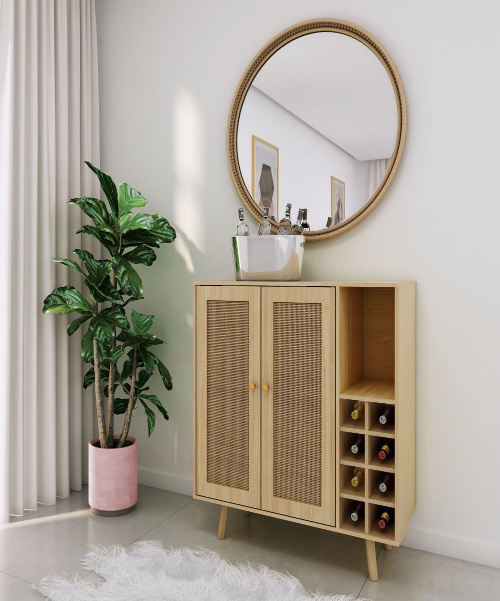 Bohemian Bar Cabinet, Natural Rattan Doors, Removable Wine Rack in Natural Wood