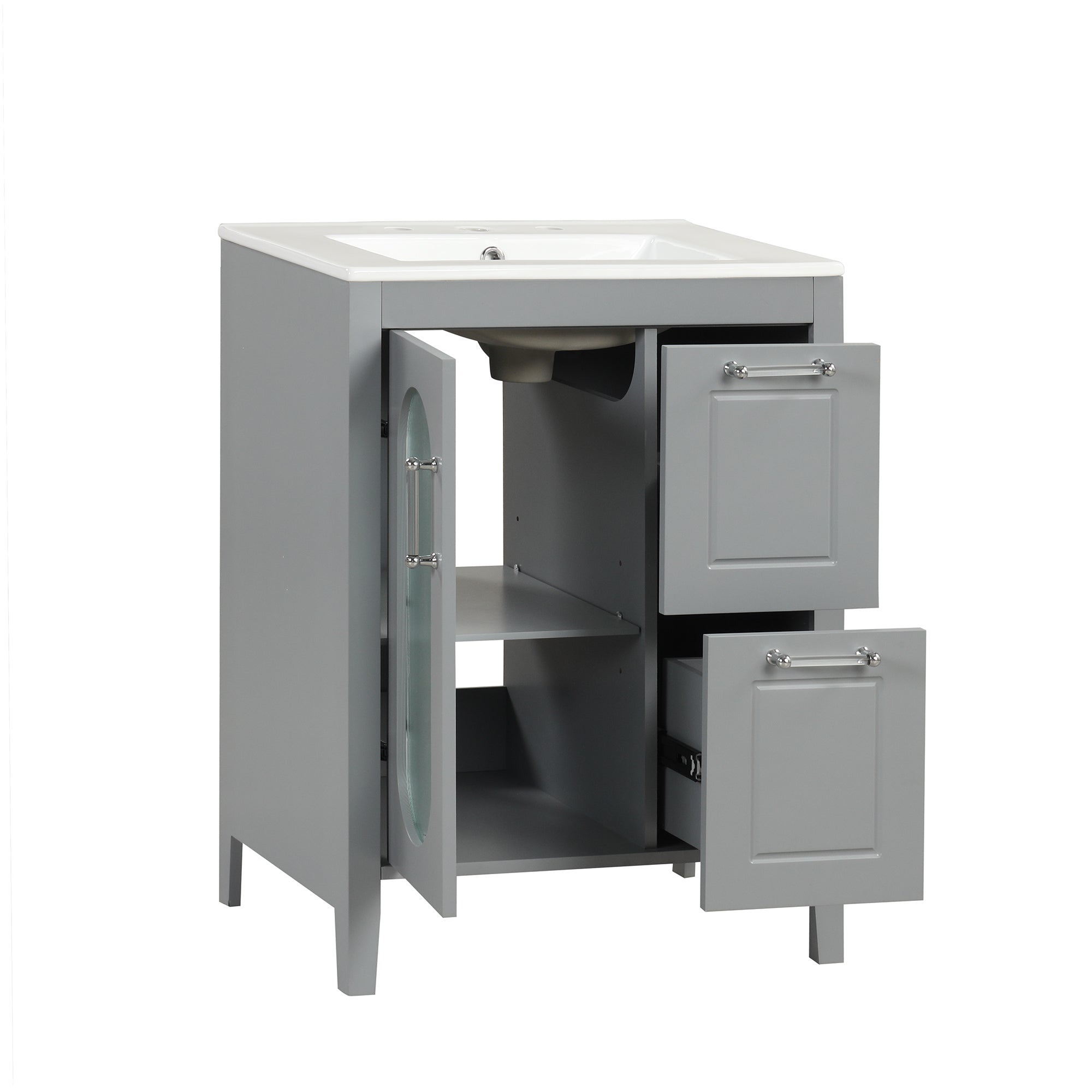 24" Bathroom Vanity with Sink, Bathroom Vanity Cabinet with Two Drawers and Door, Adjustable Shelf, Solid Wood and MDF, Grey