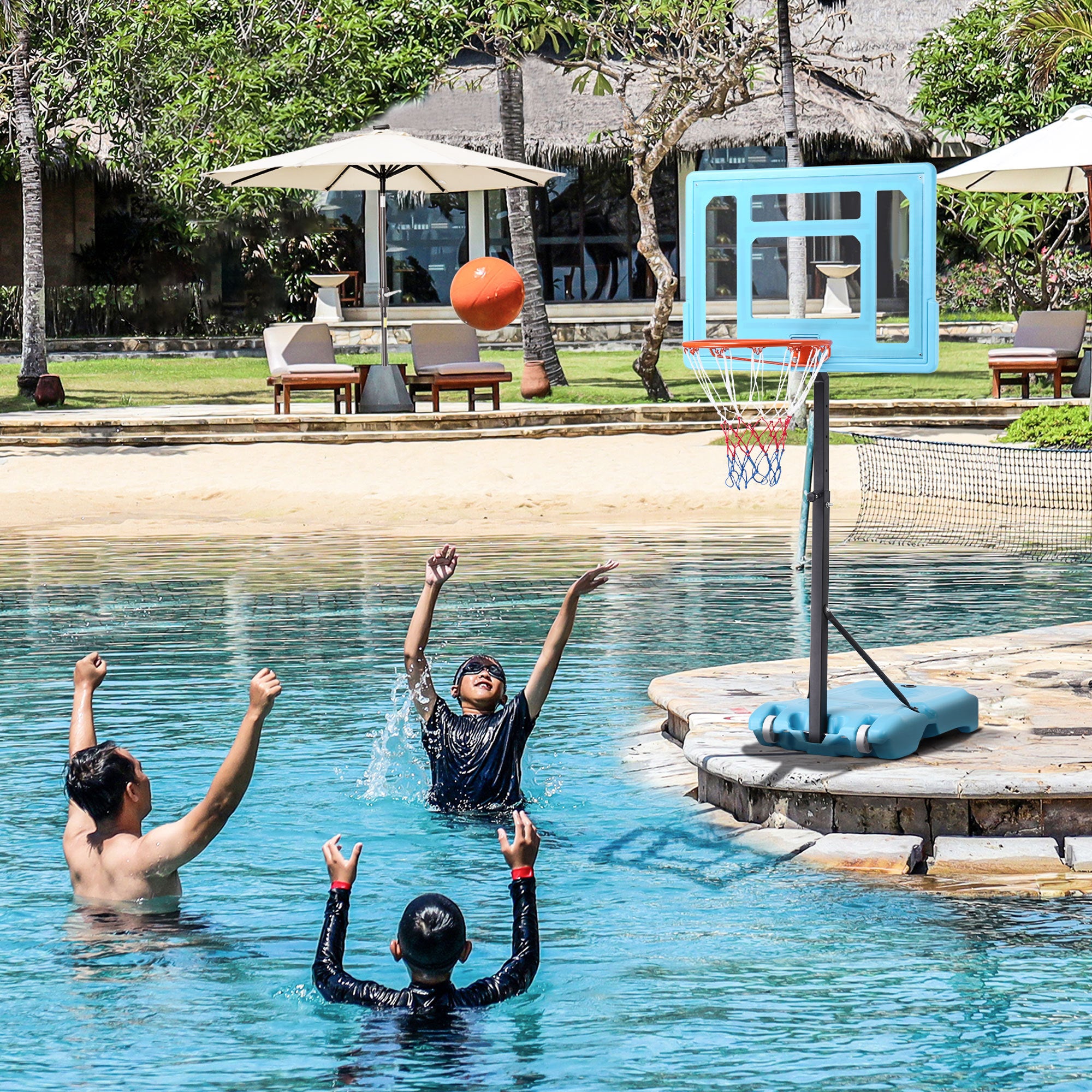 Soozier Poolside Basketball Hoop Stand, 36.5"-48.5" Height Adjustable Portable Hoop System w/ Clear Backboard & Fillable Base for Whole Family, Blue, Black, Red