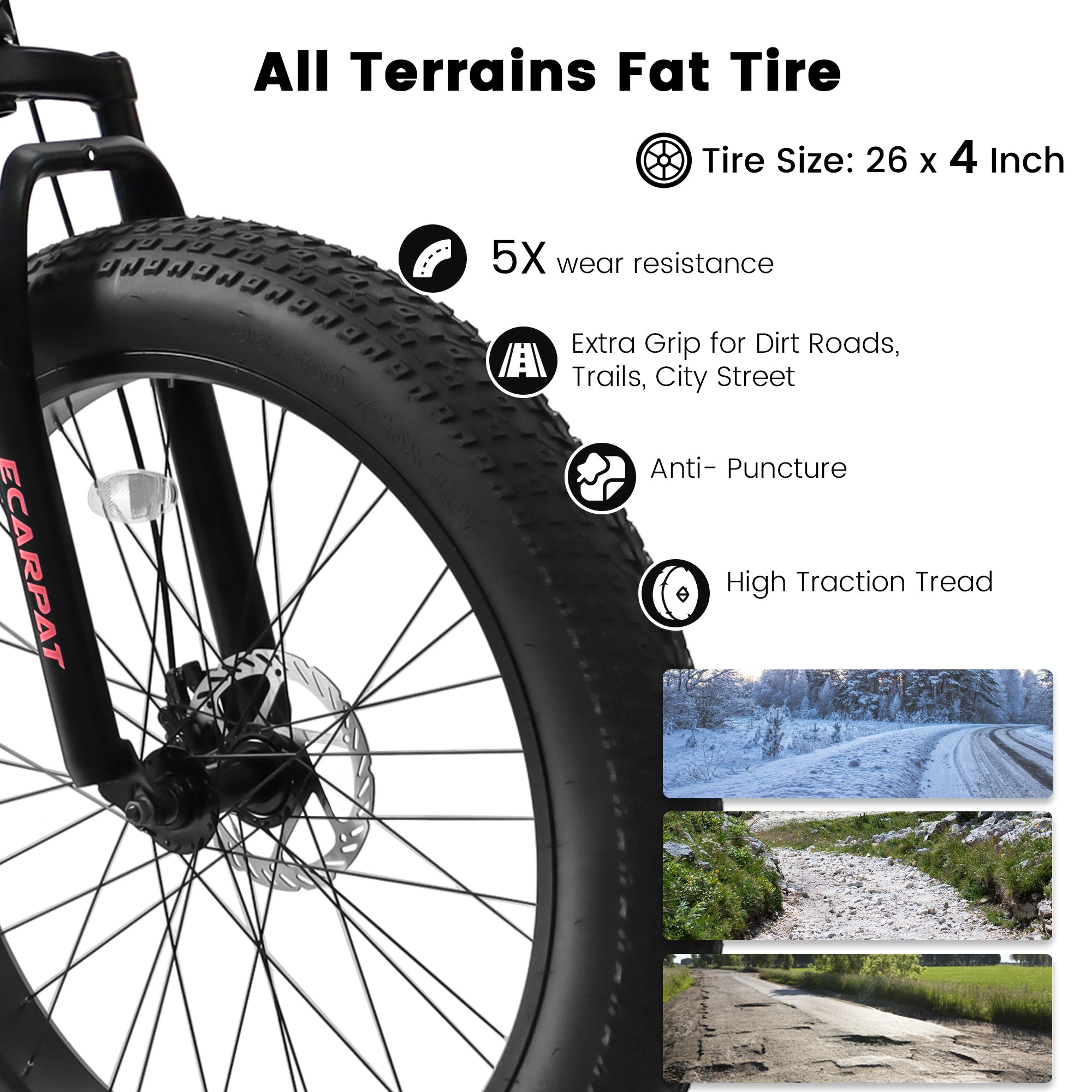 A2605D 26 Inch Fat Tires Mountain Bike, 4'' Wide Wheel, 21-Speed Disc Brakes, Mens Womens Trail Beach Snow Commuter City Mountain Bike,High Carbon Steel Frame Front Fork Bicycles