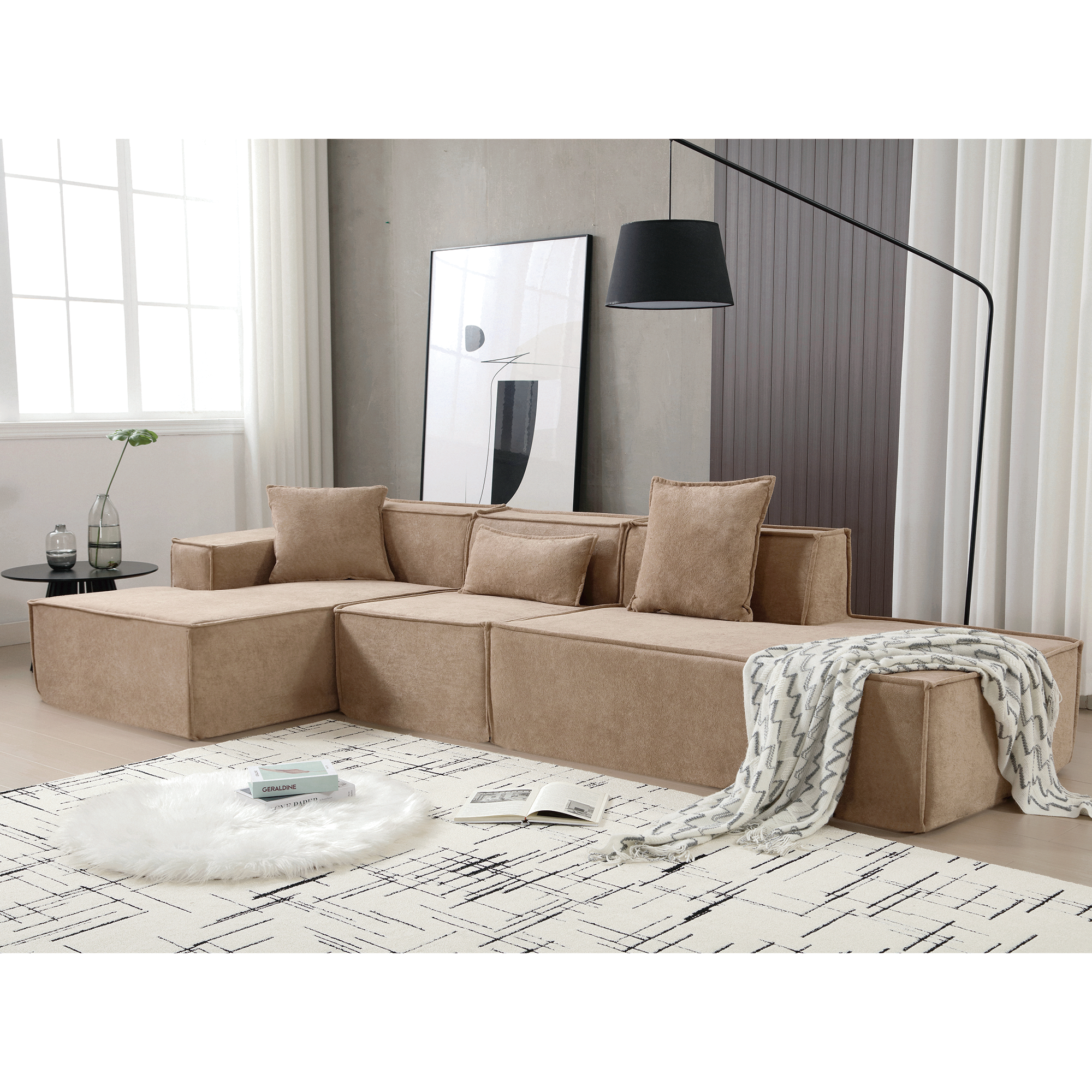 [VIDEO PROVIDED] Modular combination living room sofa set, modern minimalist sofa, free installation sofa, L-shaped, Italian minimalist tofu block sofa, Left-Hand Facing,Terrycloth fabric, Light Brown