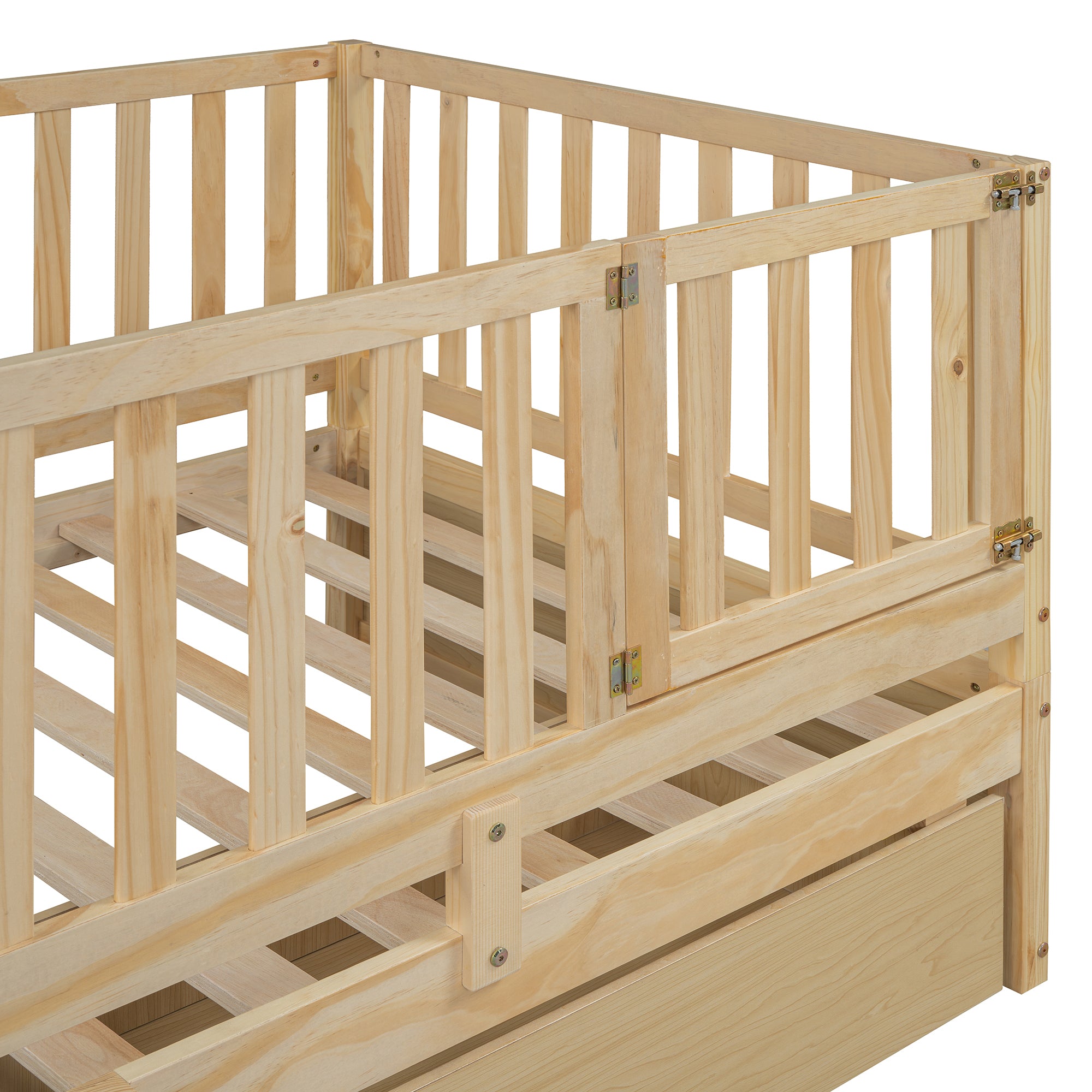 Twin Size Wood Daybed with Fence Guardrails and 2 Drawers, Split into Independent Floor Bed & Daybed, Natural(OLD SKU :LP000881AAN)