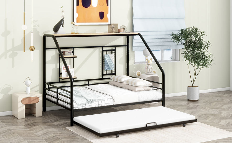 Full Size Metal House Bed with Trundle, Black