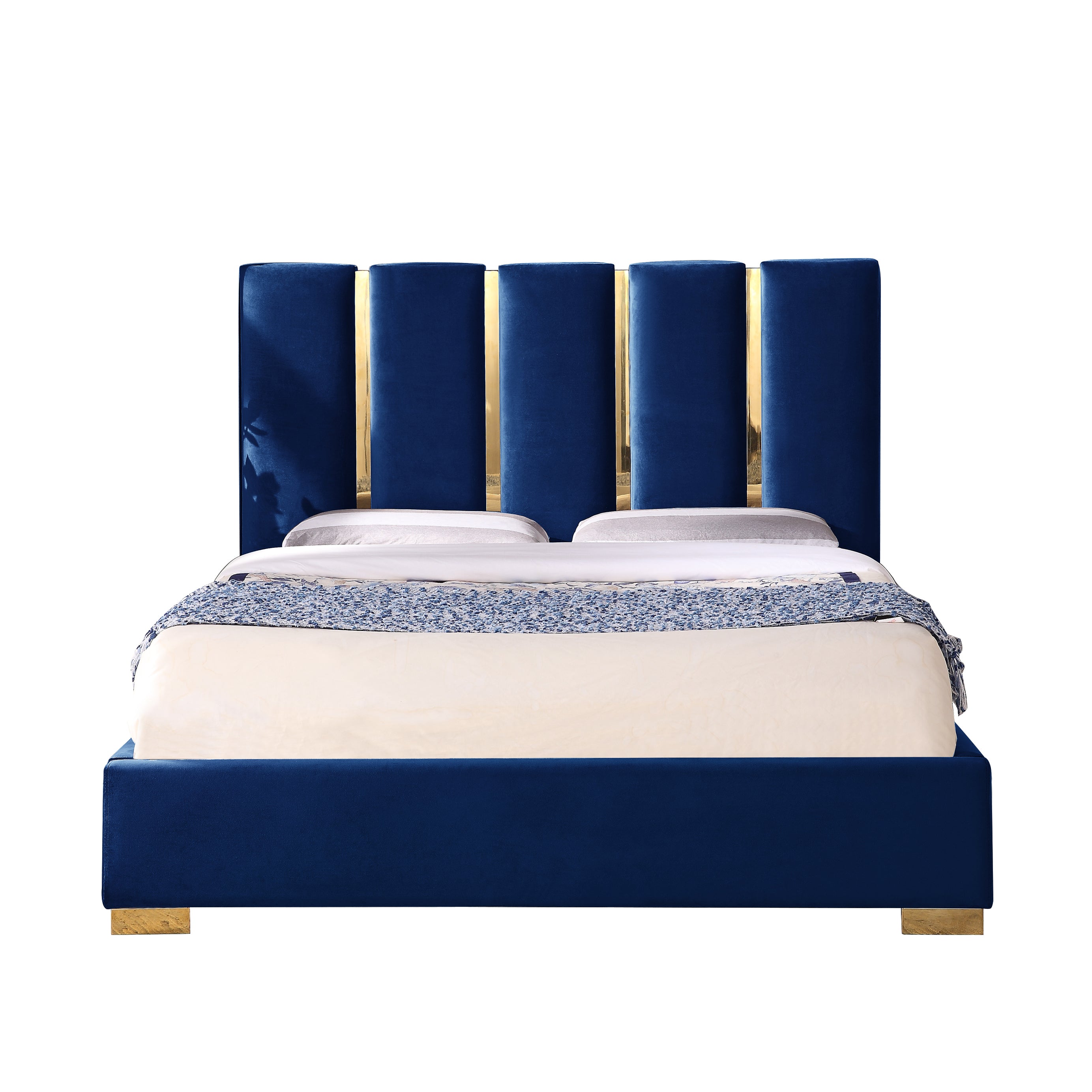 Contemporary Velvet Upholstered Bed, Solid Wood Frame, High-density Foam, Gold Metal Leg, King Size