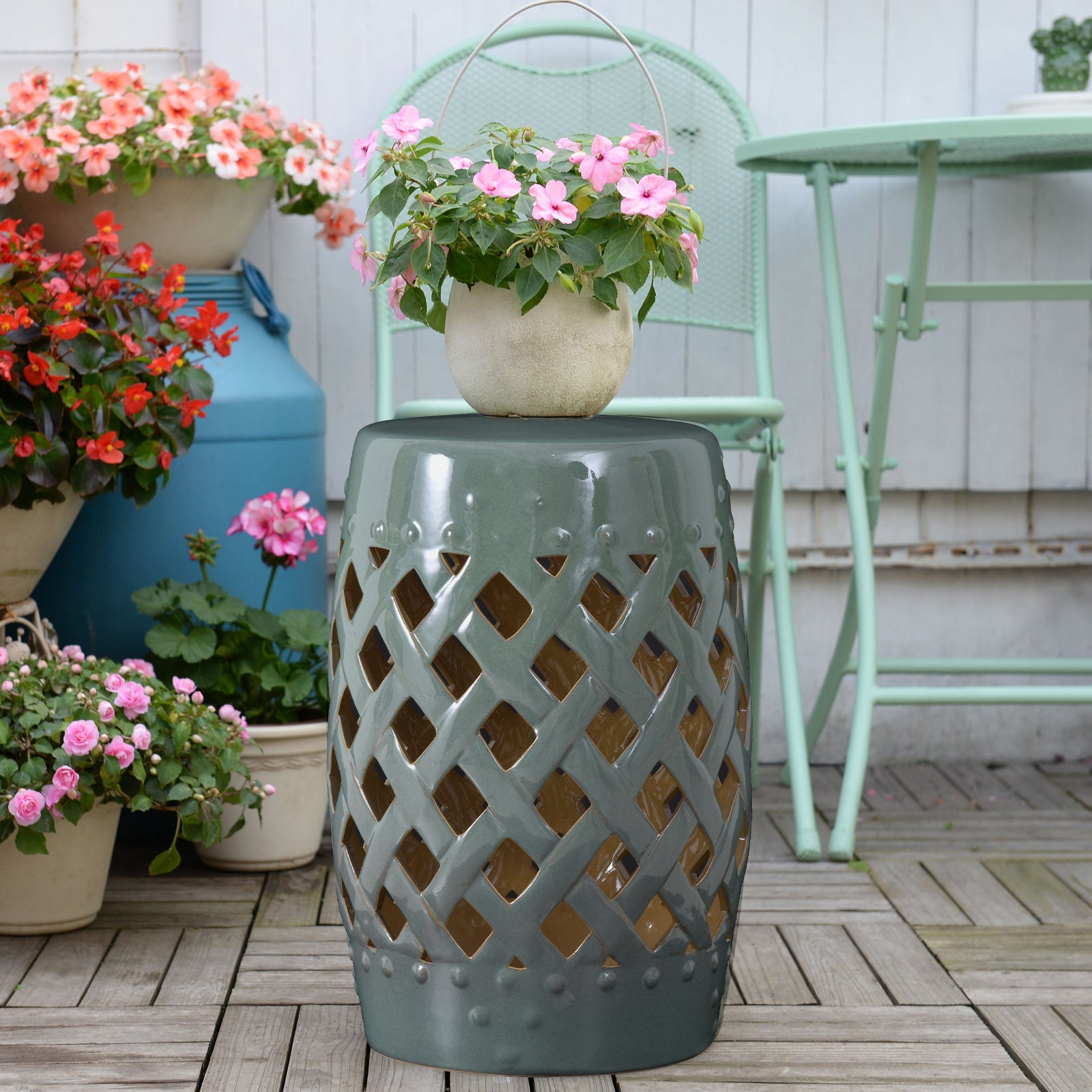 Outsunny 13" x 18" Ceramic Garden Stool with Woven Lattice Design & Glazed Strong Materials Decorative End Table, Green