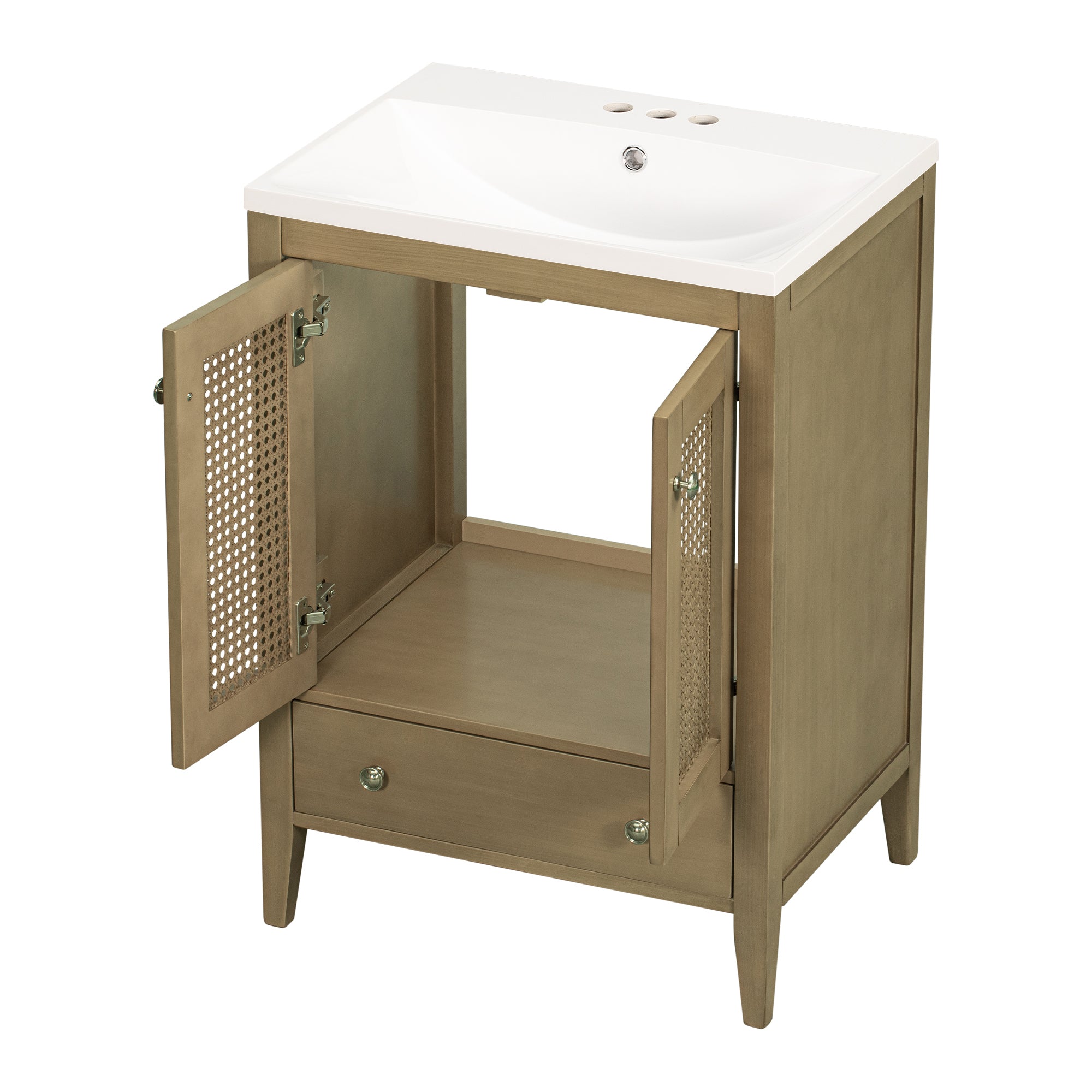 24" Bathroom Vanity with Ceramic Basin, Rattan Bathroom Storage Cabinet with Two Doors and Drawer, Solid Frame, Natural (OLD SKU: JL000008AAD)