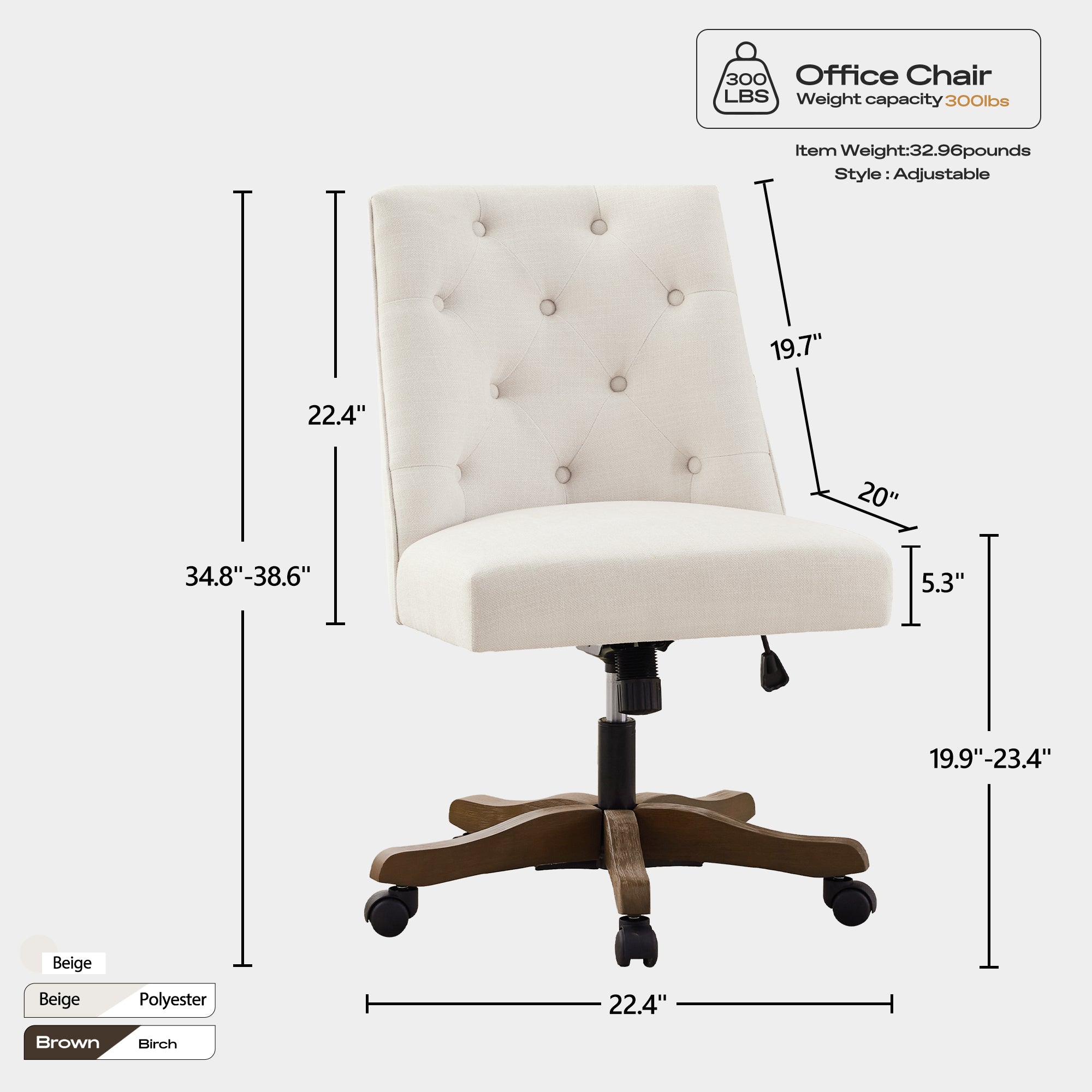 Upholstered Swivel Desk Chair, Armless Home Office Chair, Chenille Fabric Adjustable Height Computer Chair with Wheels for Study ,Beige