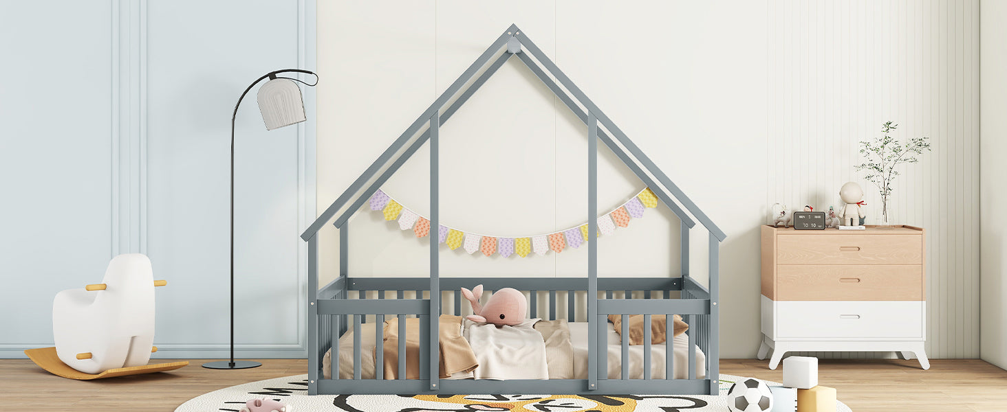 Full Wood House-Shaped Floor Bed with Fence, Guardrails,Grey