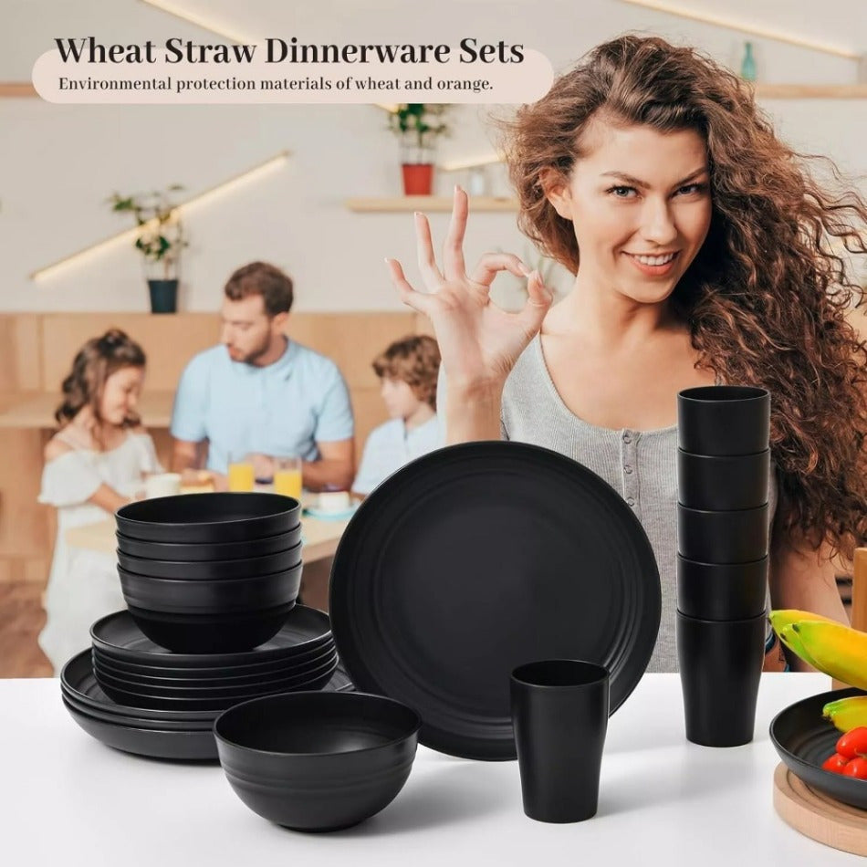 32 Piece Wheat Straw Dinnerware Set - Black Plates and Bowls for 8, Unbreakable,