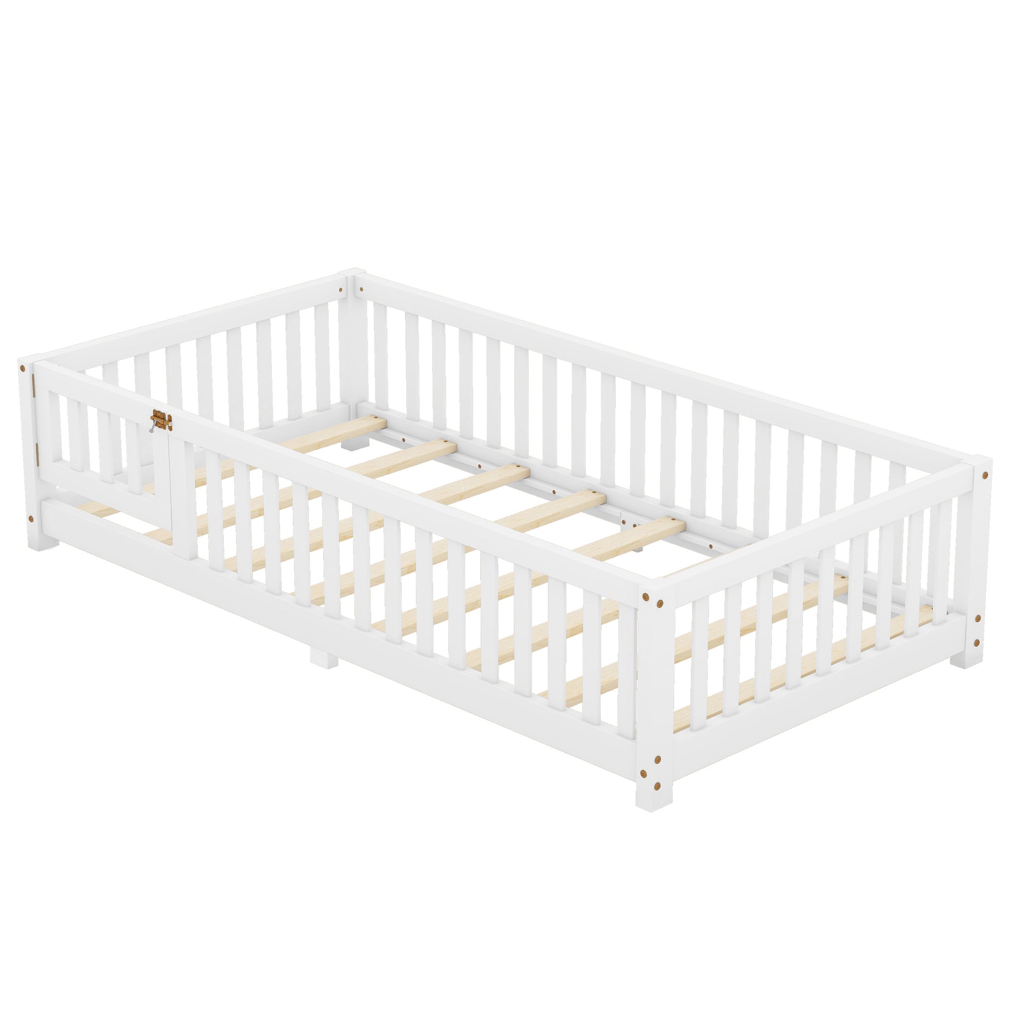 Twin Size Bed Floor Bed with Safety Guardrails and Door for Kids, White(Old SKU:W158090683)