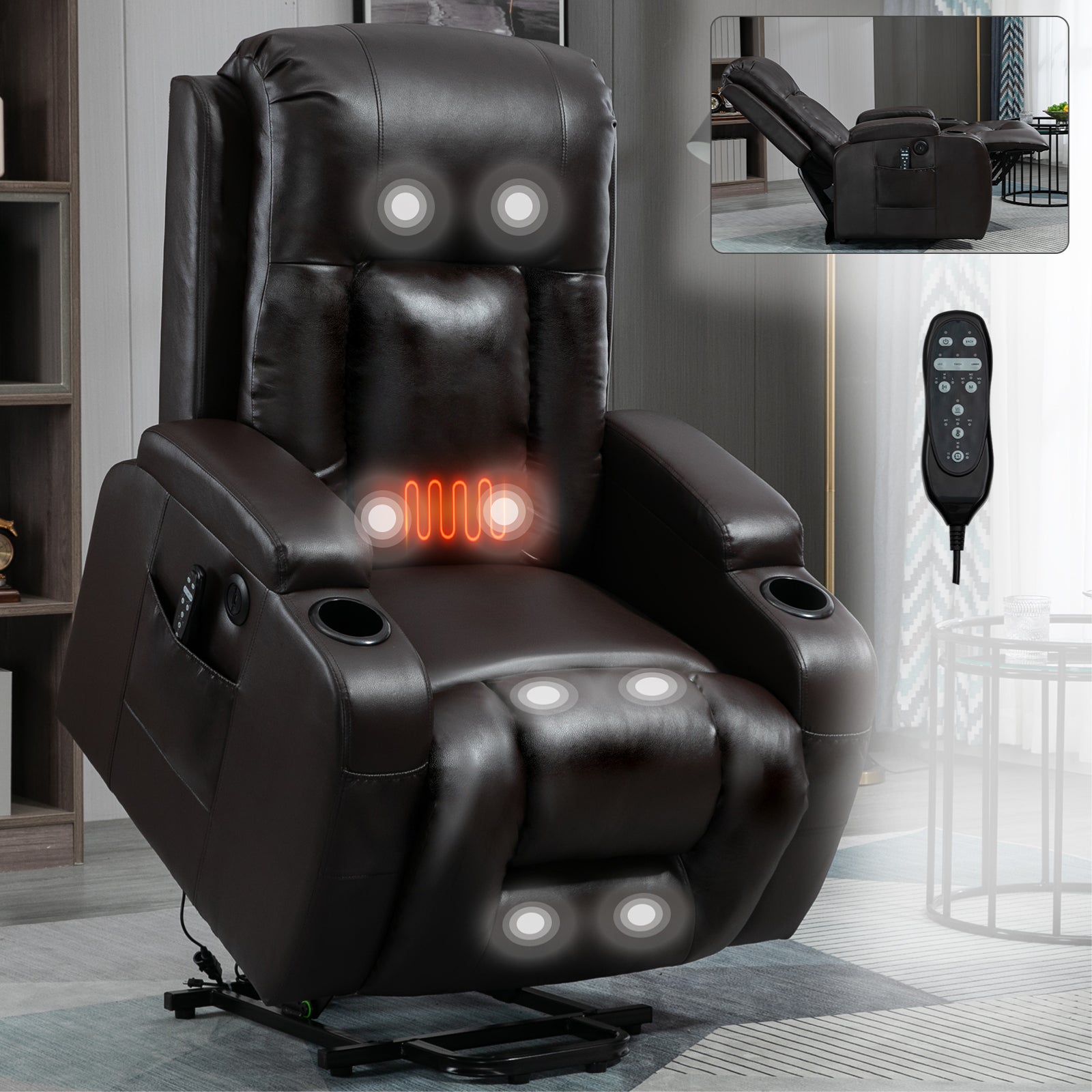 Infinite Position Up to 350 LBS Power Lift Recliner Chair for Elderly, Heavy Duty Motion Mechanism with 8-Point Vibration Massage and Lumbar Heating, USB Charging Port, Cup Holders, Brown