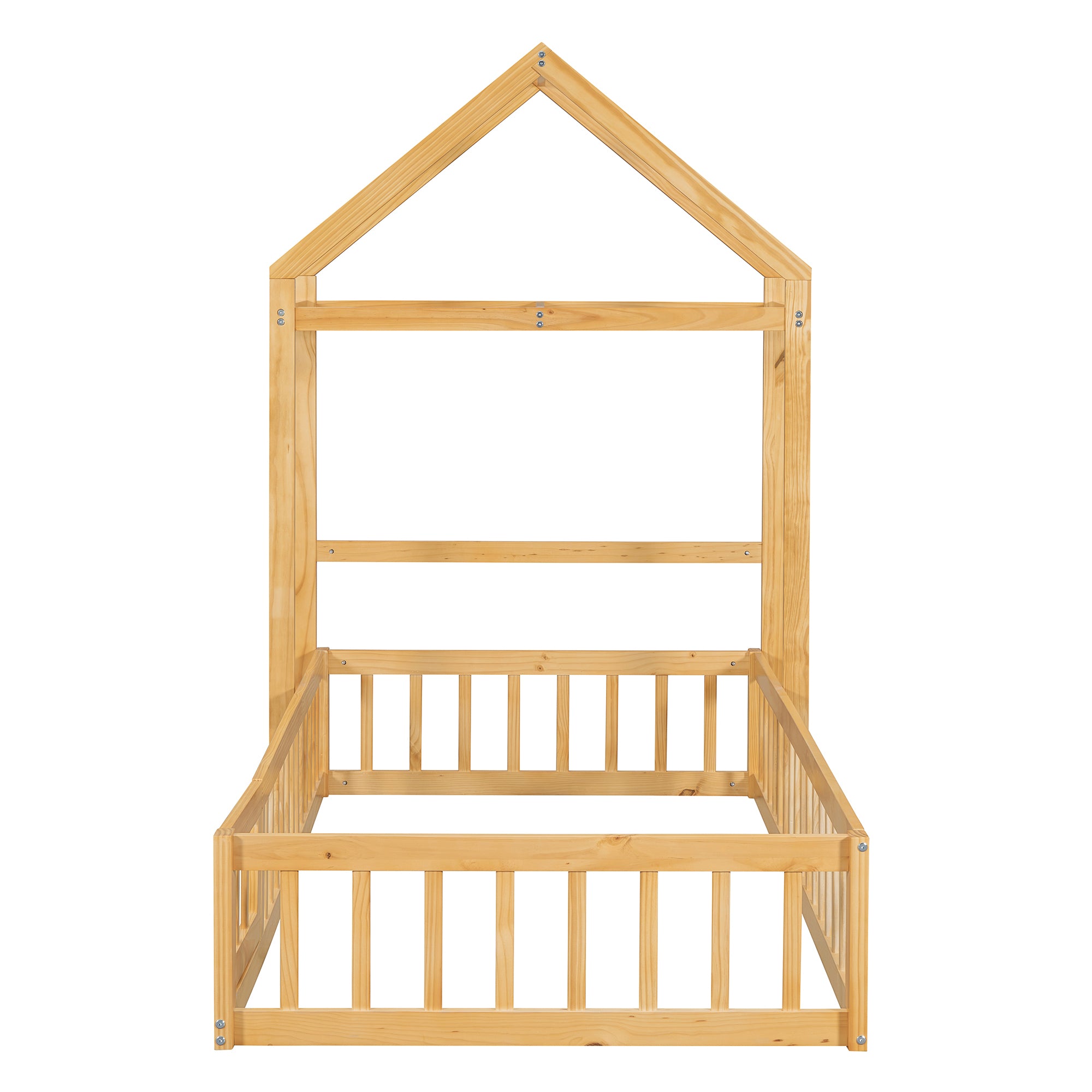 Wooden Floor Bed with Fence Railings and Detachable House Shape Headboard, Twin Size Bed with Kids Dress Up Rack, Kids Montessori Style Playhouse Frame for Girls Boys, Natural