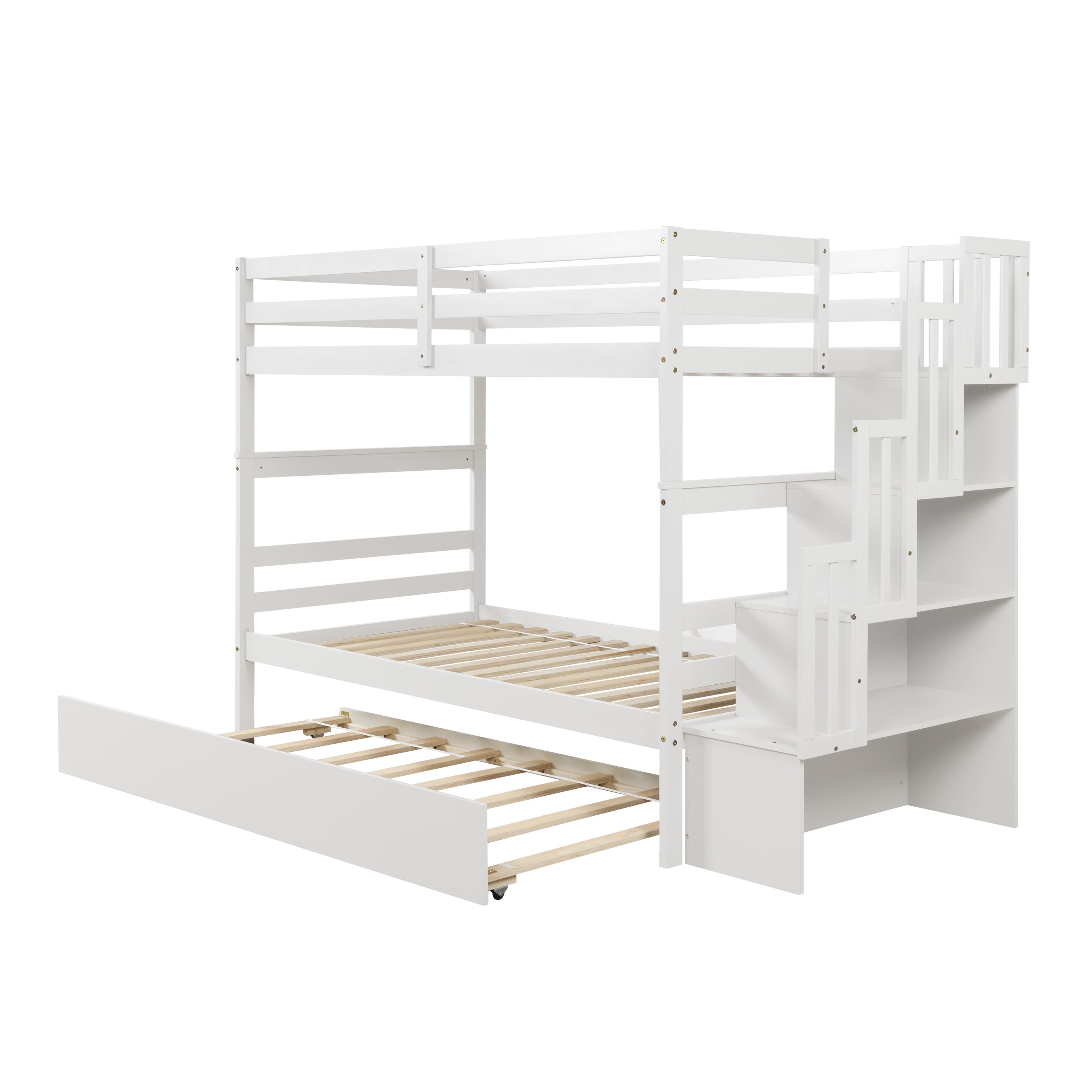 Twin over Twin Bunk Beds With Twin Trundle and Stairway Storage Function in White color