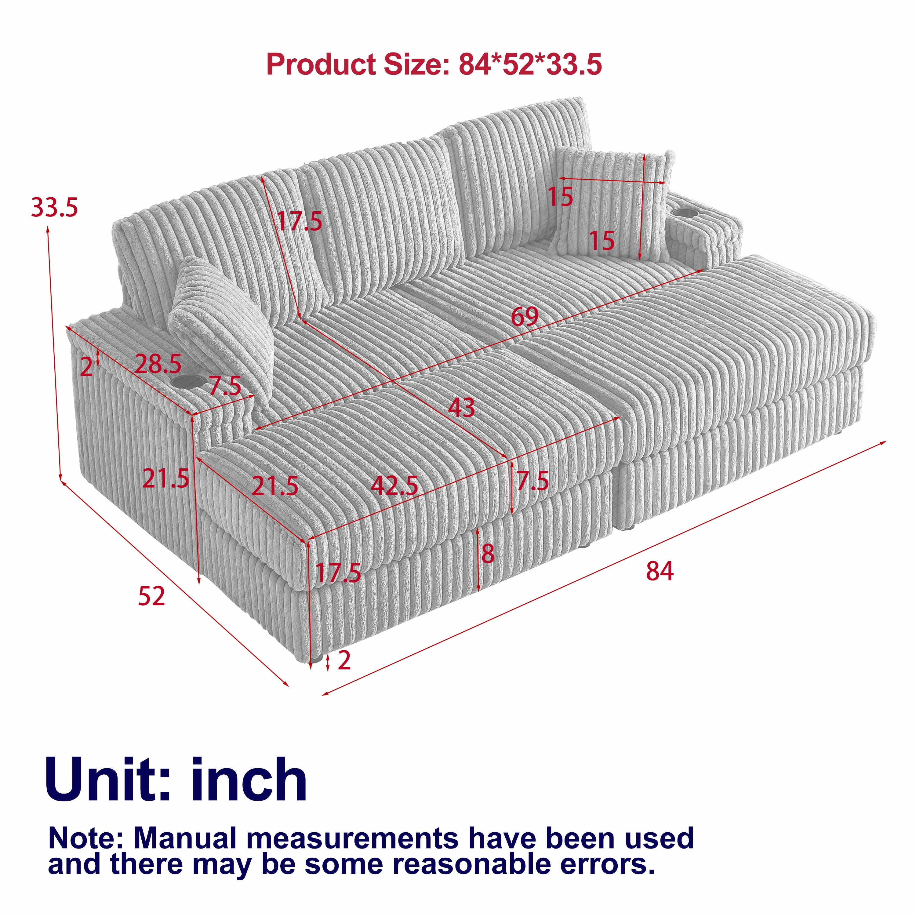 84Inch Corduroy 3-seater sofa With 3 back pillows ,2 toss pillows , a ottoman ,2storage spaces and cup-holding grooves Comfy Sofa- Deep Seat Couch for Living Room