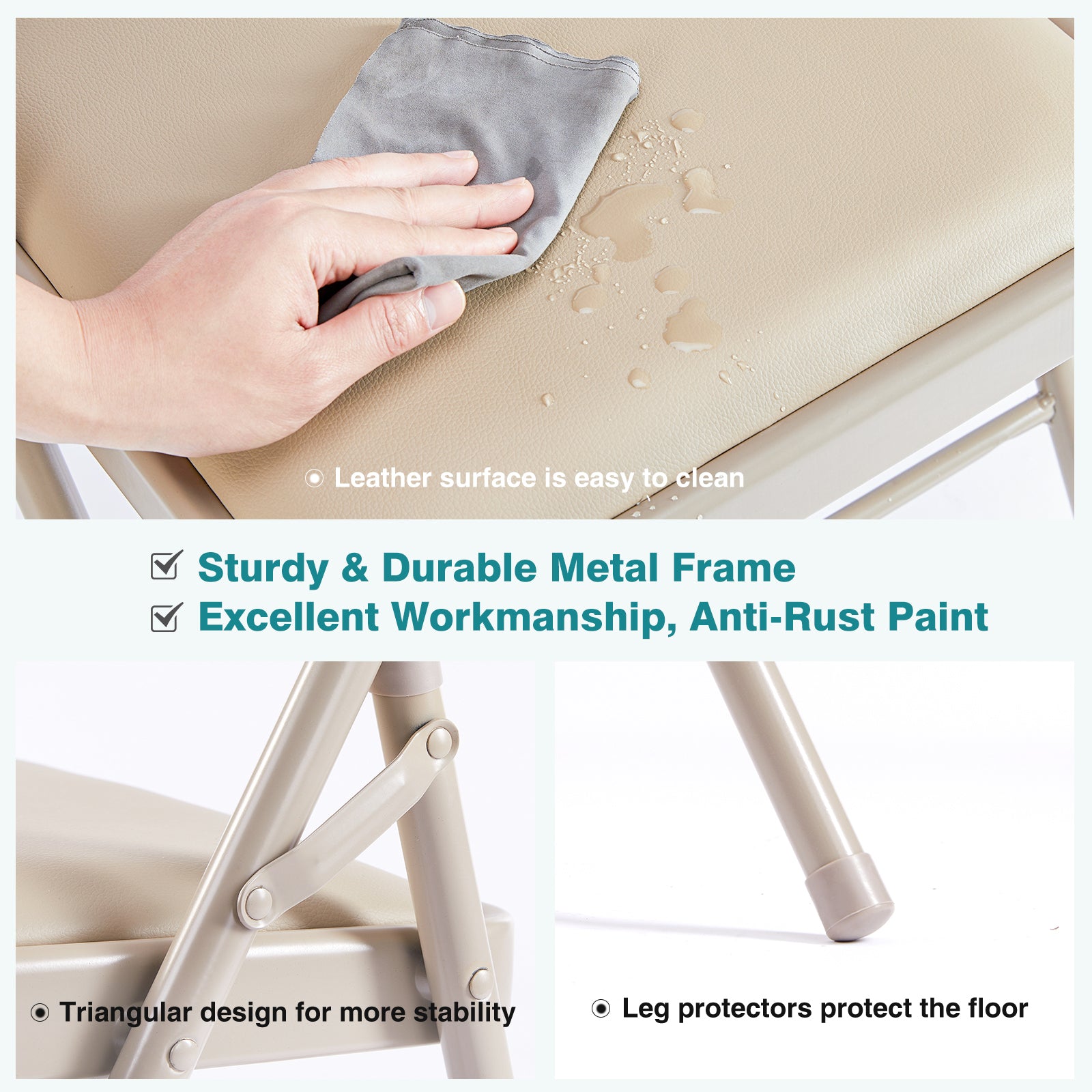 Folding Chair 2 Pack, Leather Padded Folding Chairs, Sturdy Metal Foldable Chairs, for Home, Office, Party, khaki 2 Pack