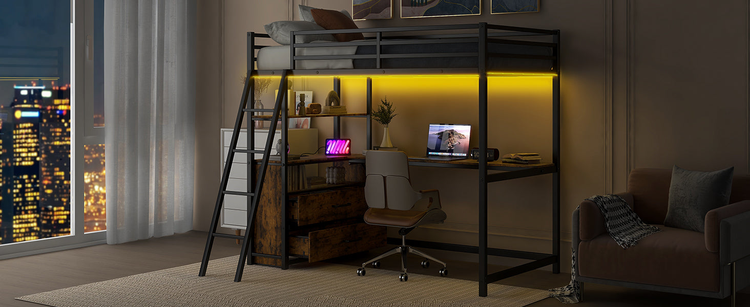 Twin Size Metal&Wood Loft Bed with Desk and Shelves, Two Built-in Drawers, LED Light and USB Charging Station, Black