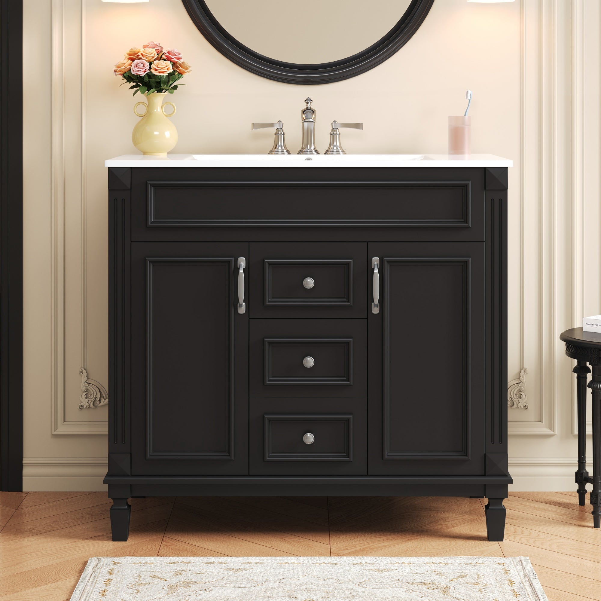 36 in. modern single-sink bathroom vanity with white top, front view
