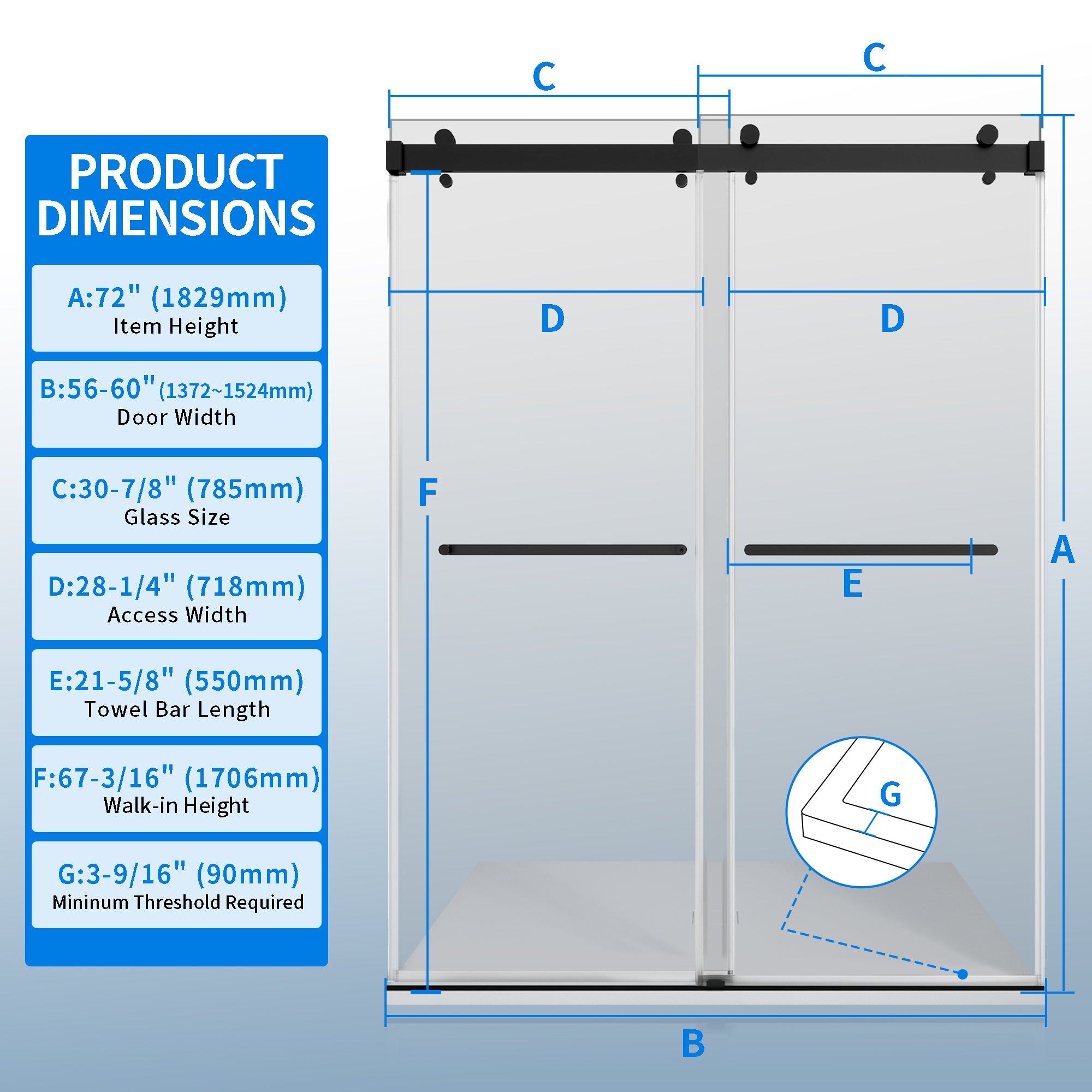 56" - 60" W × 72" H Double Sliding Framless Soft-Close Shower Door With 3/8 inches (10mm) Tempered Safety Glass, Matte Black Finish