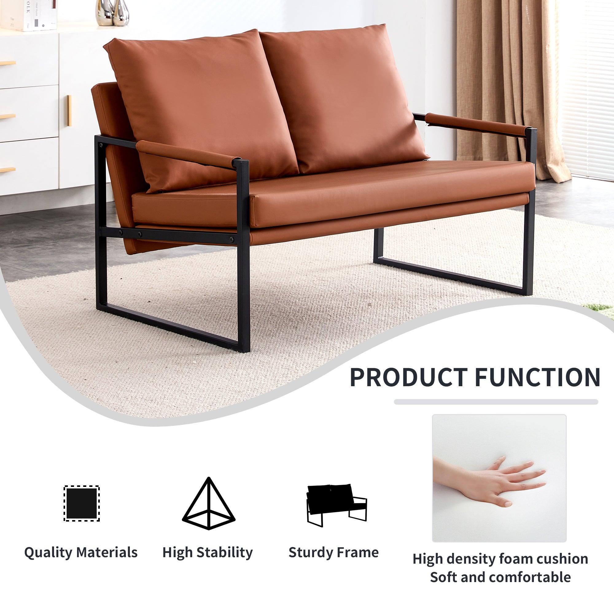 Modern Two-Seater Sofa Chair with 2 Pillows - PU Leather, High-Density Foam, Black Coated Metal Frame.BrownSF-D008-BR