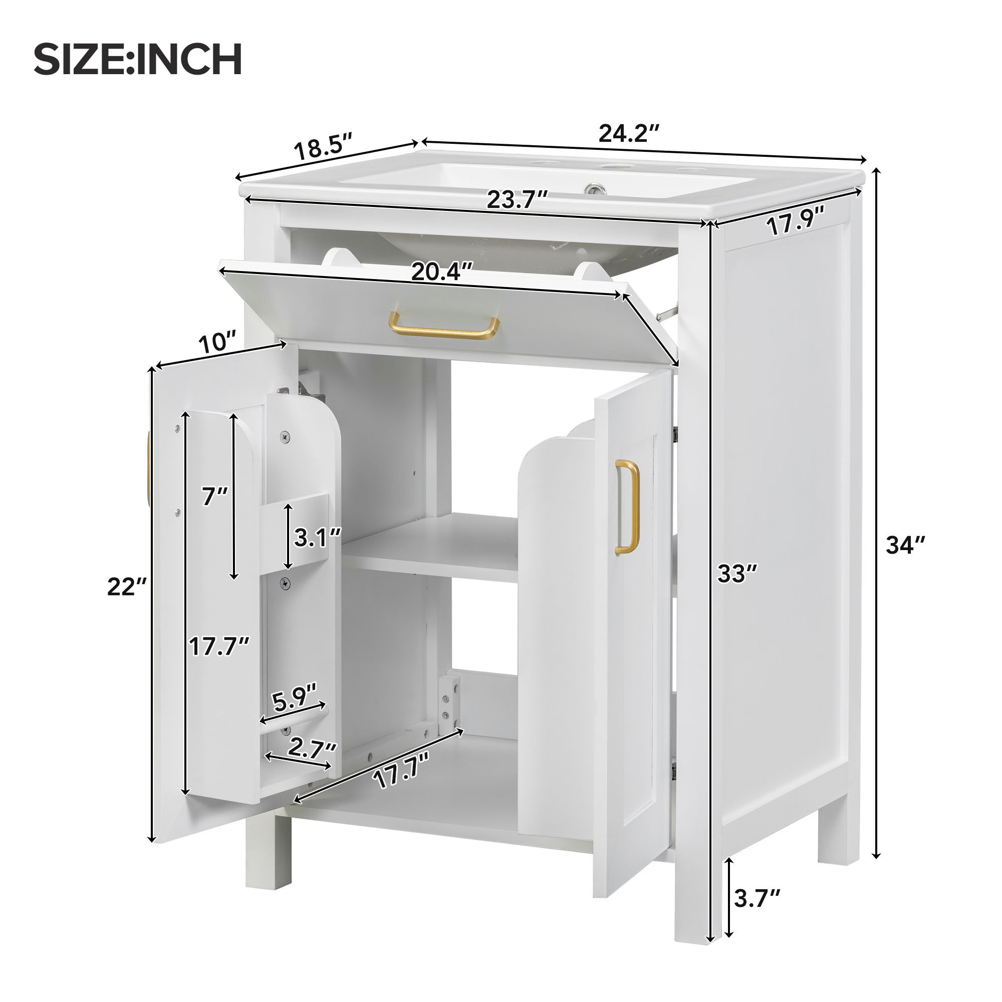 24"Bathroom Vanity Combo with Ceramic sink, Luxurious Space-Saving Vanity - W24"*D18"*H34"inch, 2 Soft-Close Doors