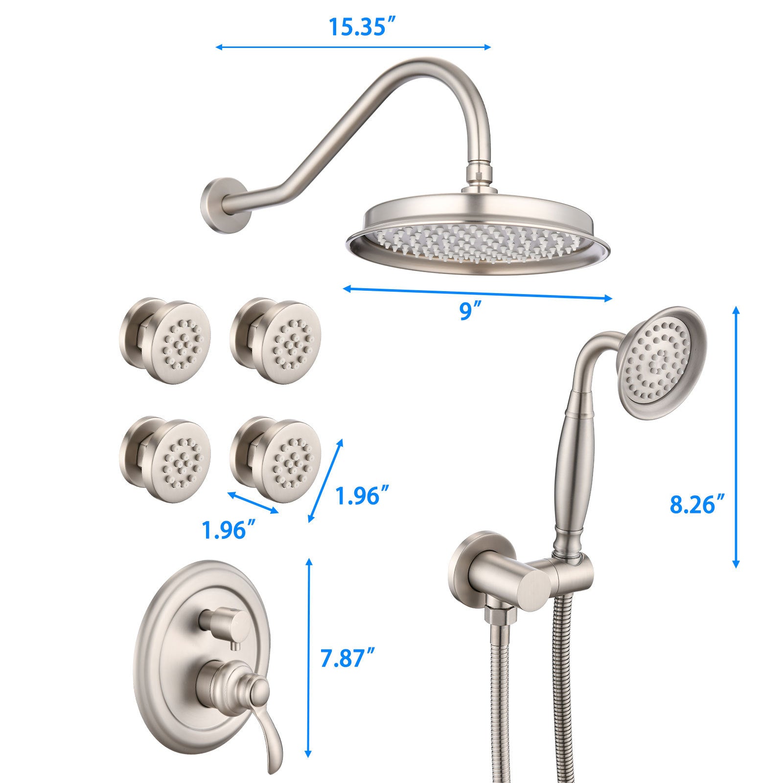 Single-Handle 4-Spray Patterns Bathroom Rain Shower Faucet with Body Jet Handshower in Brushed Nickel (Valve Included)