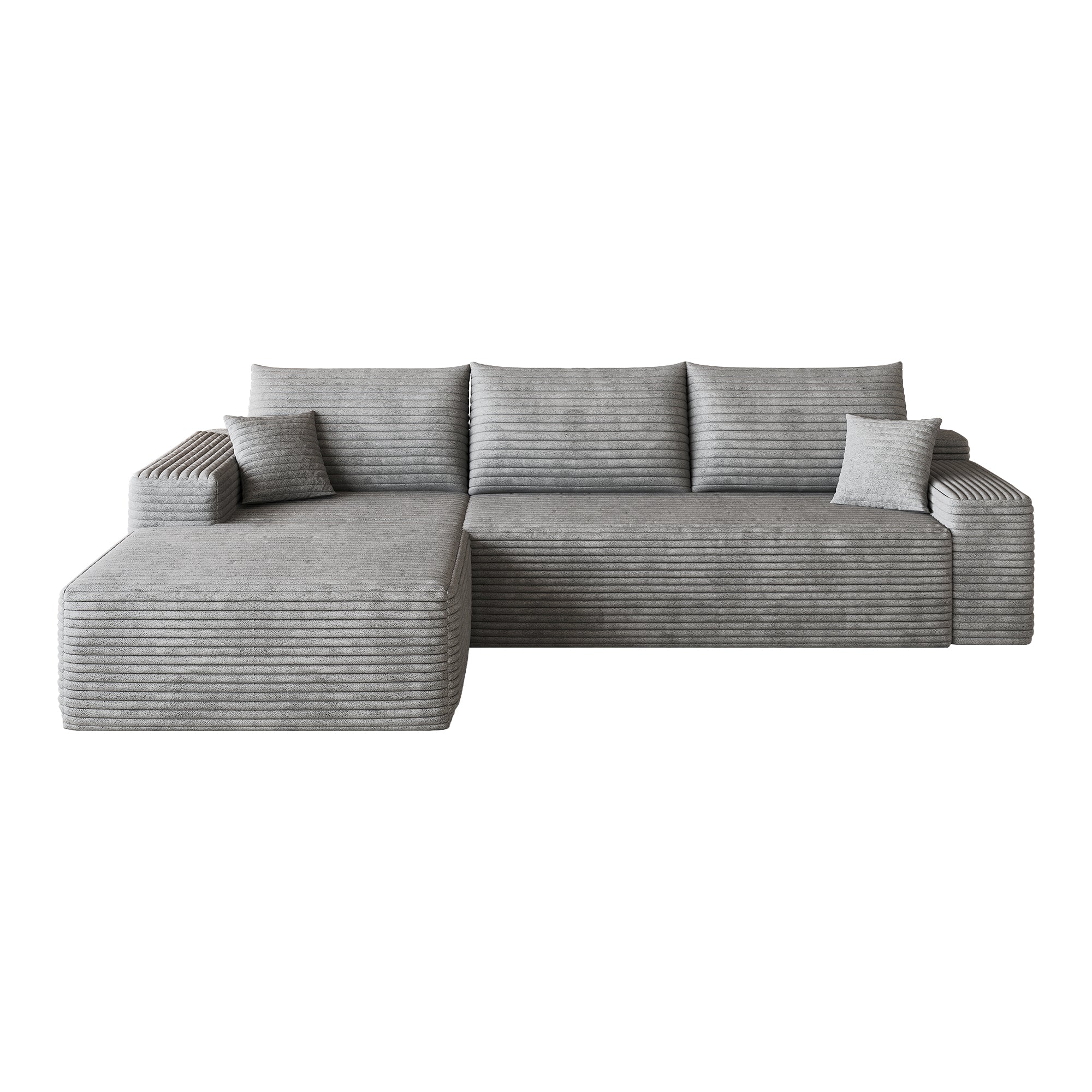 107-inch grey corduroy L-shape sectional sofa, corner chaise view