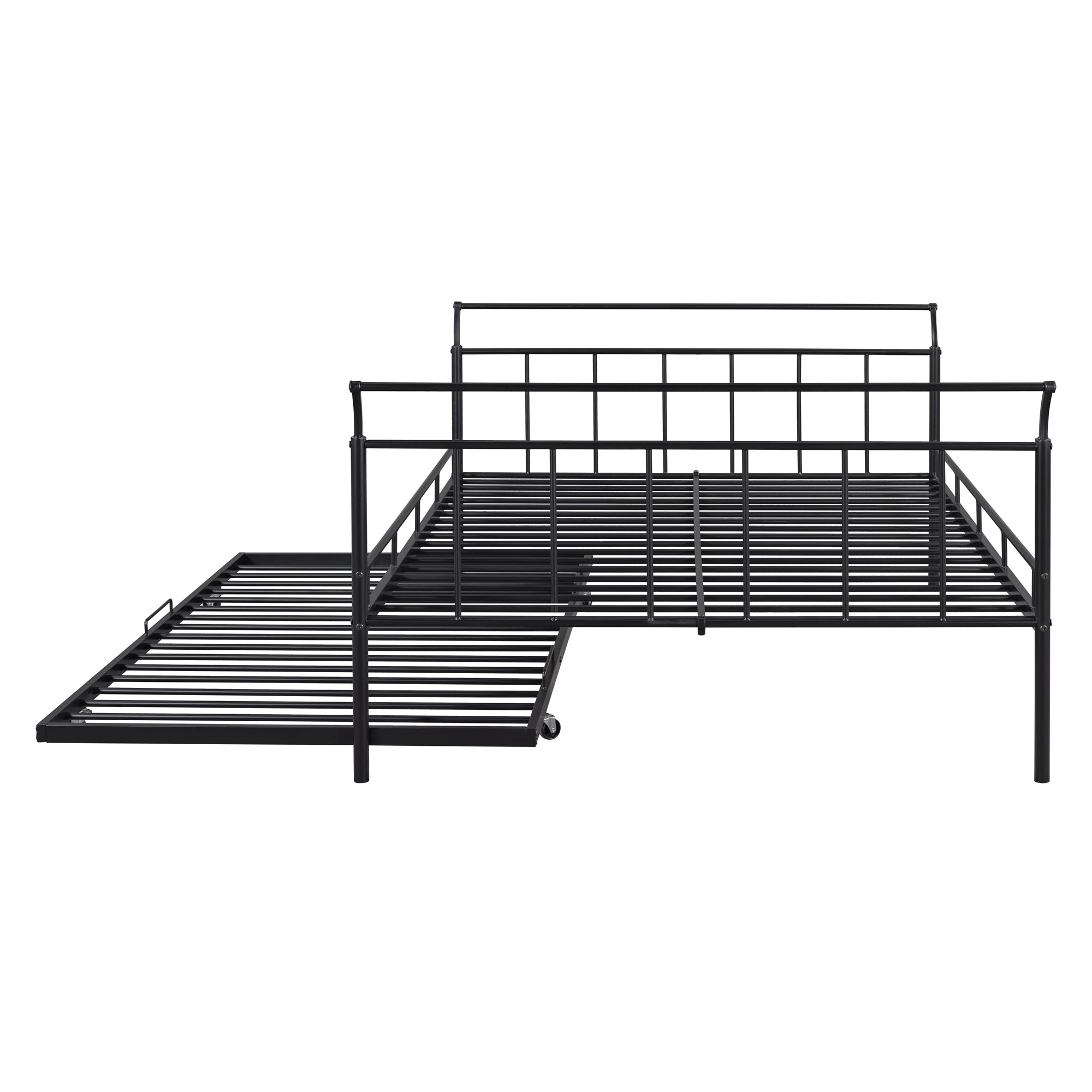 Full Size Metal Daybed with Curved Handle Design and Twin Size Trundle, Black