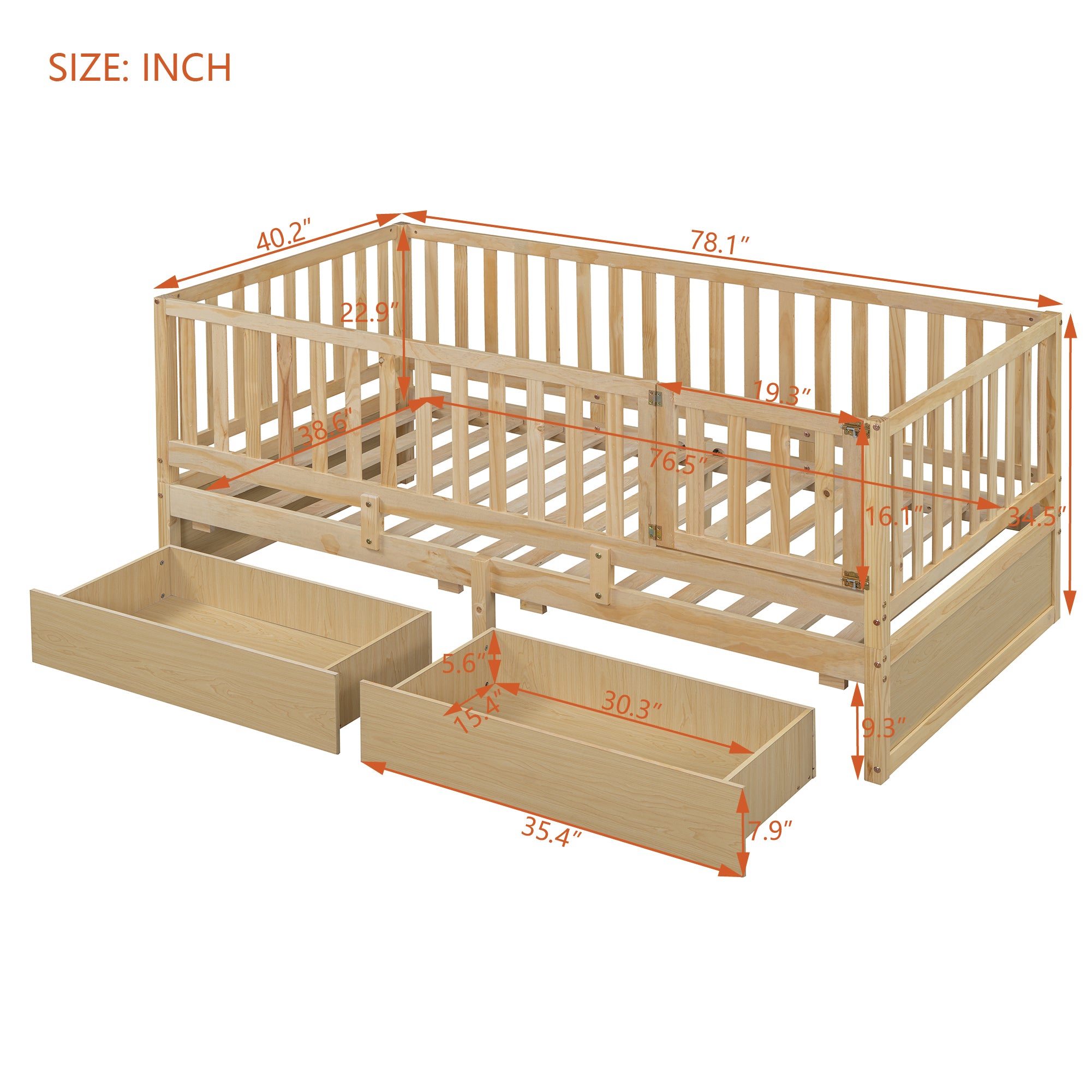 Twin Size Wood Daybed with Fence Guardrails and 2 Drawers, Split into Independent Floor Bed & Daybed, Natural(OLD SKU :LP000881AAN)