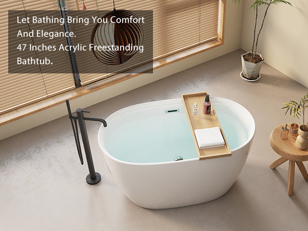 47'' Acrylic Freestanding Bathtub-Acrylic Soaking Tubs, White Bathtub, Oval Shape Freestanding Bathtub With Chrome Overflow and Pop-Up Drain CUPC Certificate