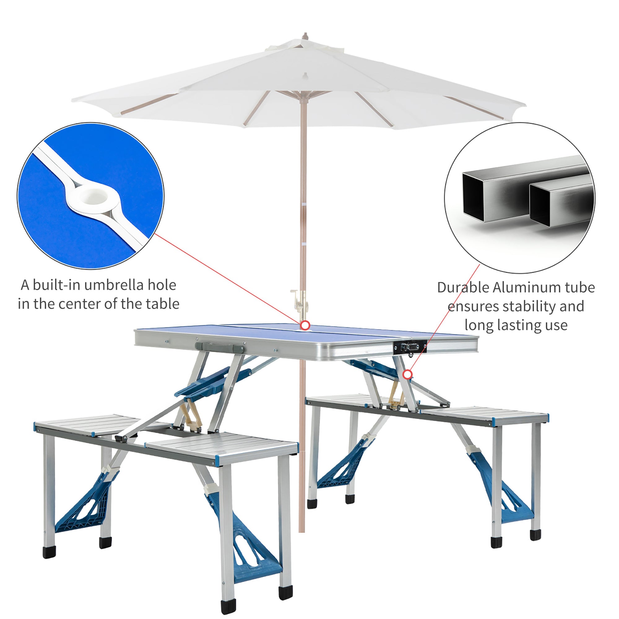 Outsunny Folding Picnic Table with Umbrella Hole, Aluminum Suitcase Portable Outdoor Table with Bench, Patio, Porch or Camping Table and Chair Set, Ocean Blue