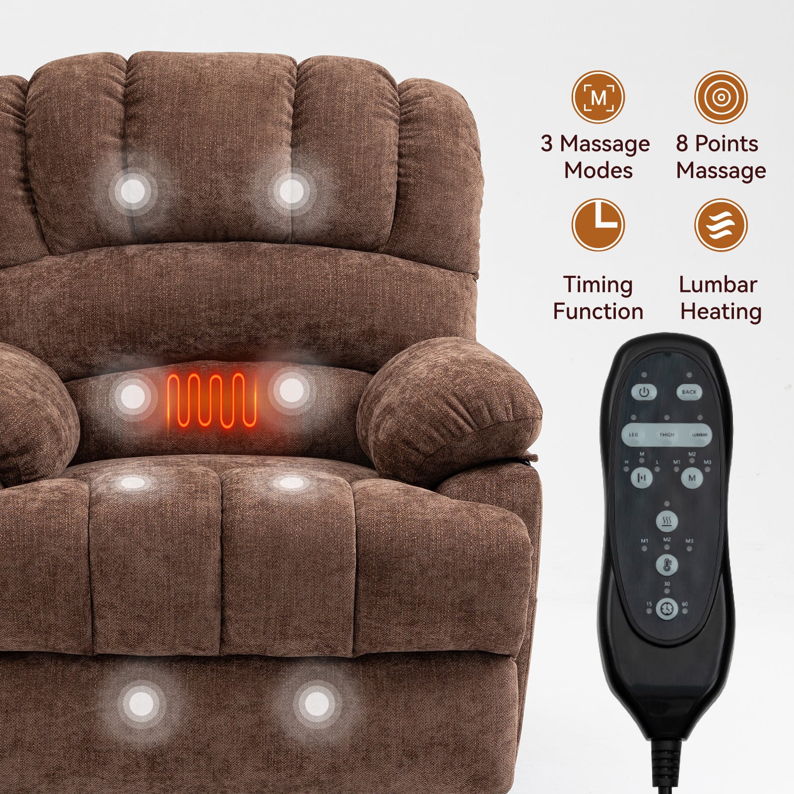 23" Seat Width and High Back Large Size Chenille Power Lift Recliner Chair with 8-Point Vibration Massage and Lumbar Heating, Brown