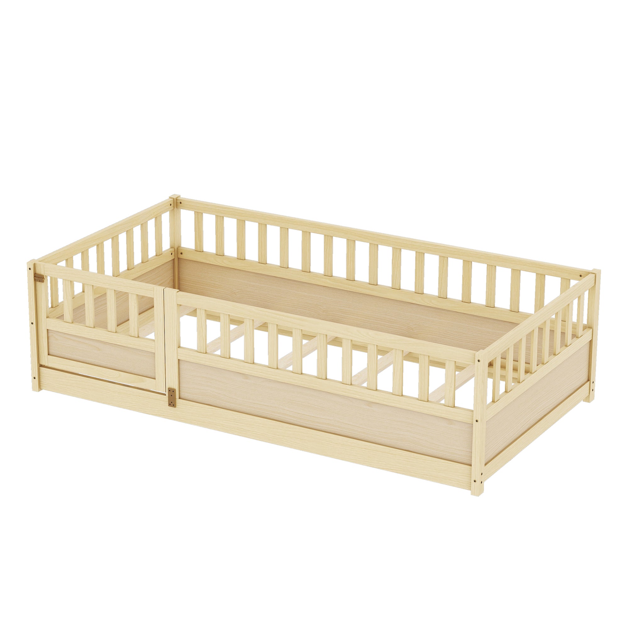 Twin Size Floor bed, integral construction with super high security barrier, door, children's floor bed frame, Montessori wooden children's floor bed, Support  slat Natural Wood