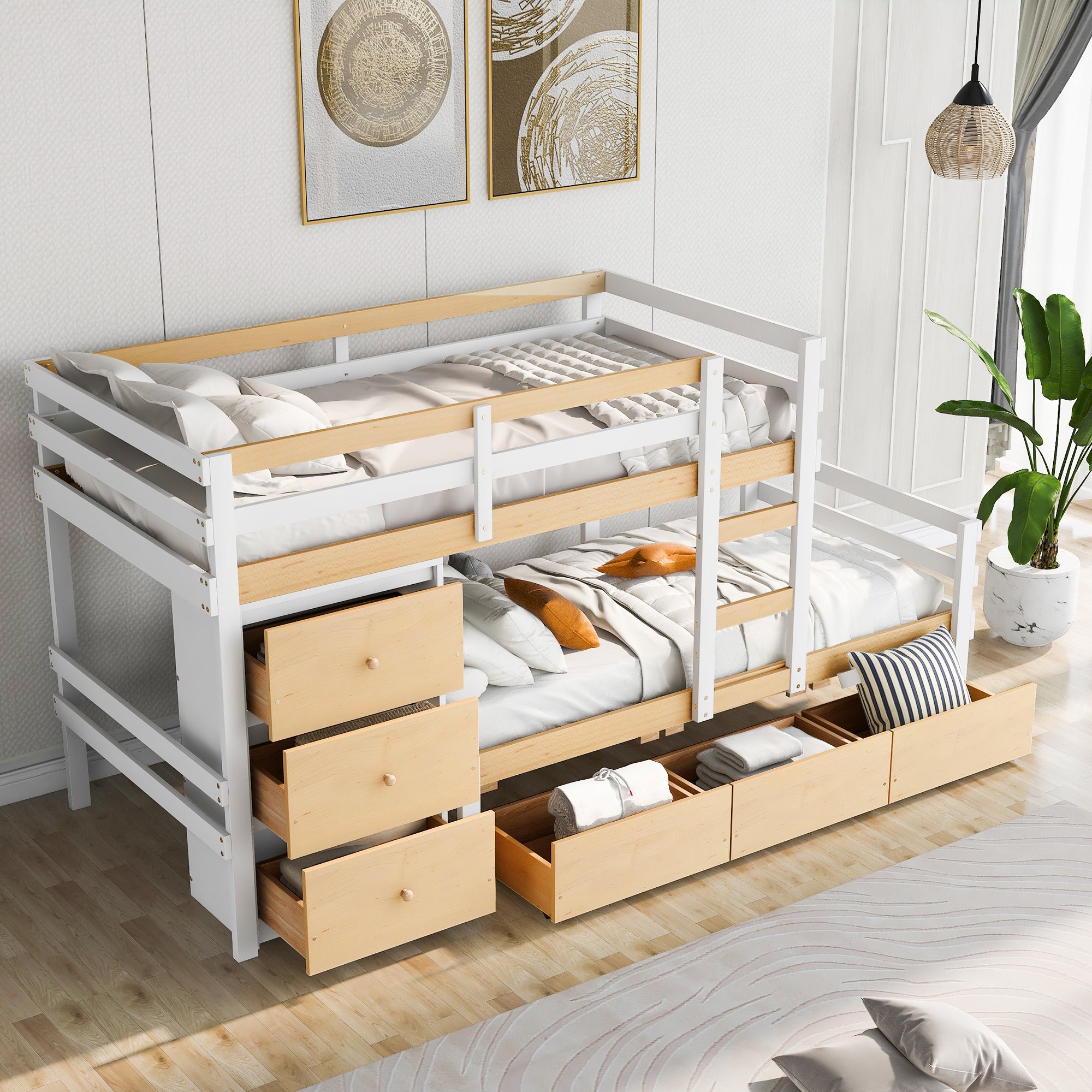 Twin over Twin Loft Bunk Bed with Drawers and Ladder, Natural