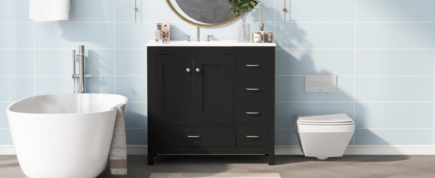 36" Black Bathroom Vanity with Ceramic Sink Combo, Abundant Storage Cabinet -2 Soft close doors and 5 drawers