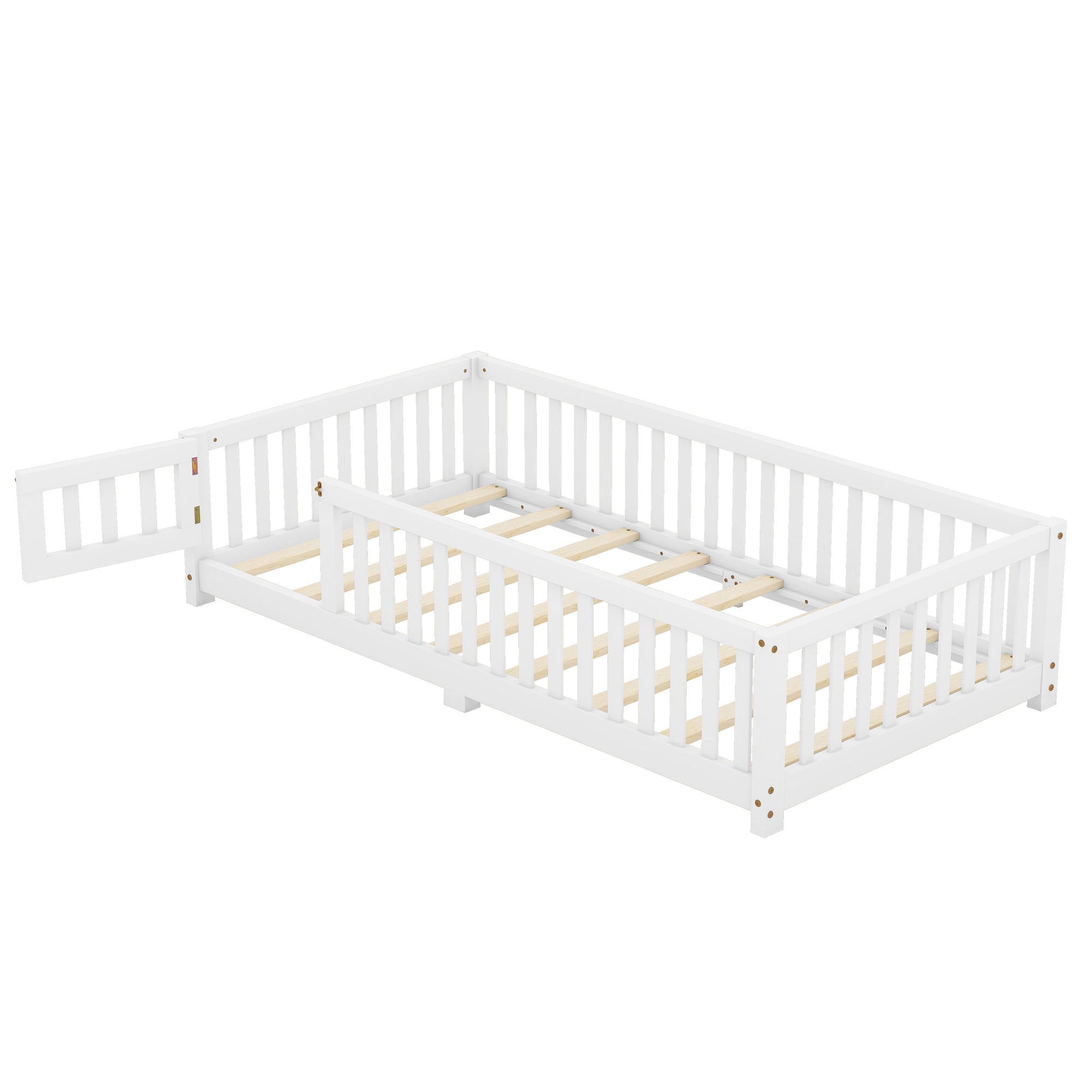 Twin Size Bed Floor Bed with Safety Guardrails and Door for Kids, White(Old SKU:W158090683)