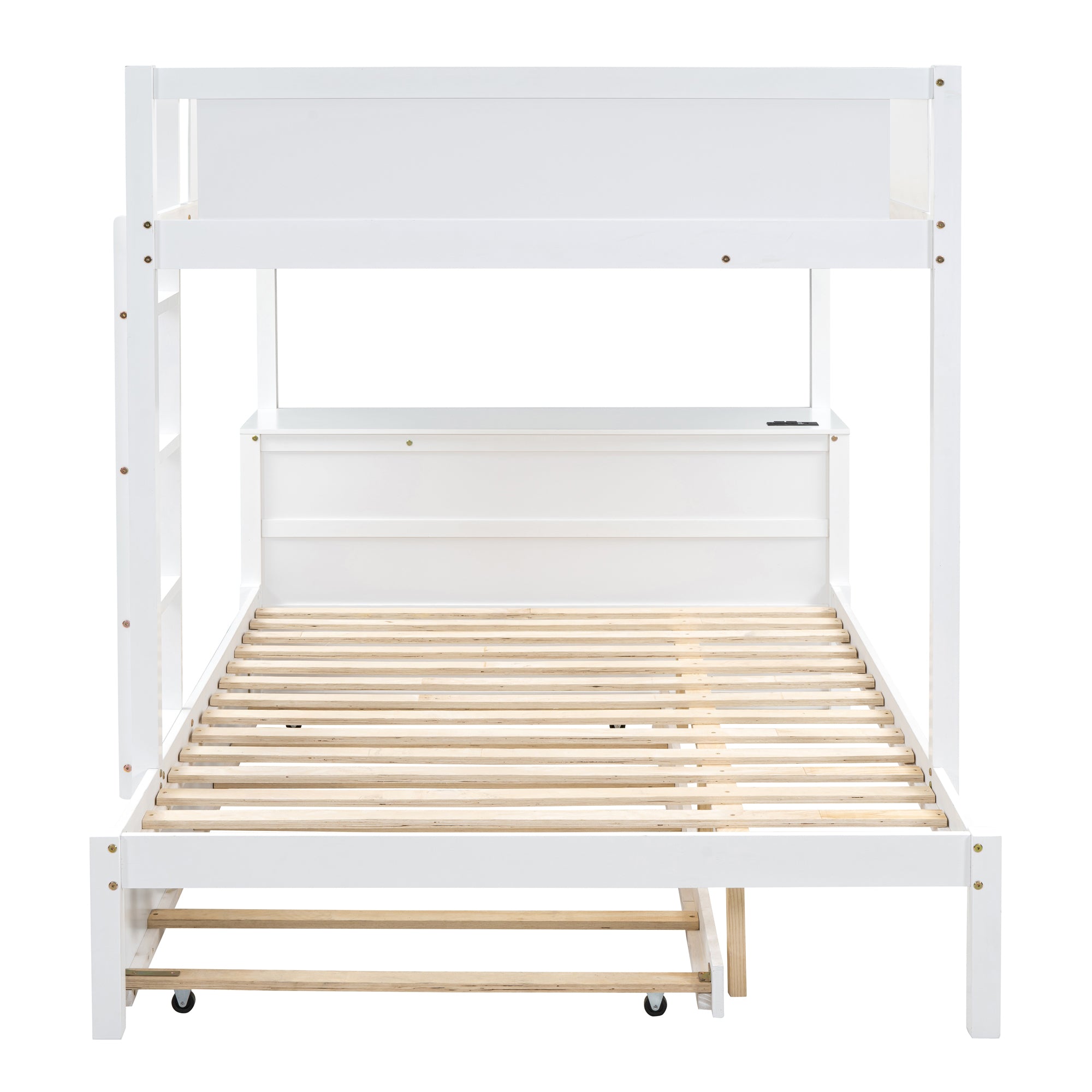 Full-Over-Full Bunk Bed with Twin size Trundle, Storage and Desk, White