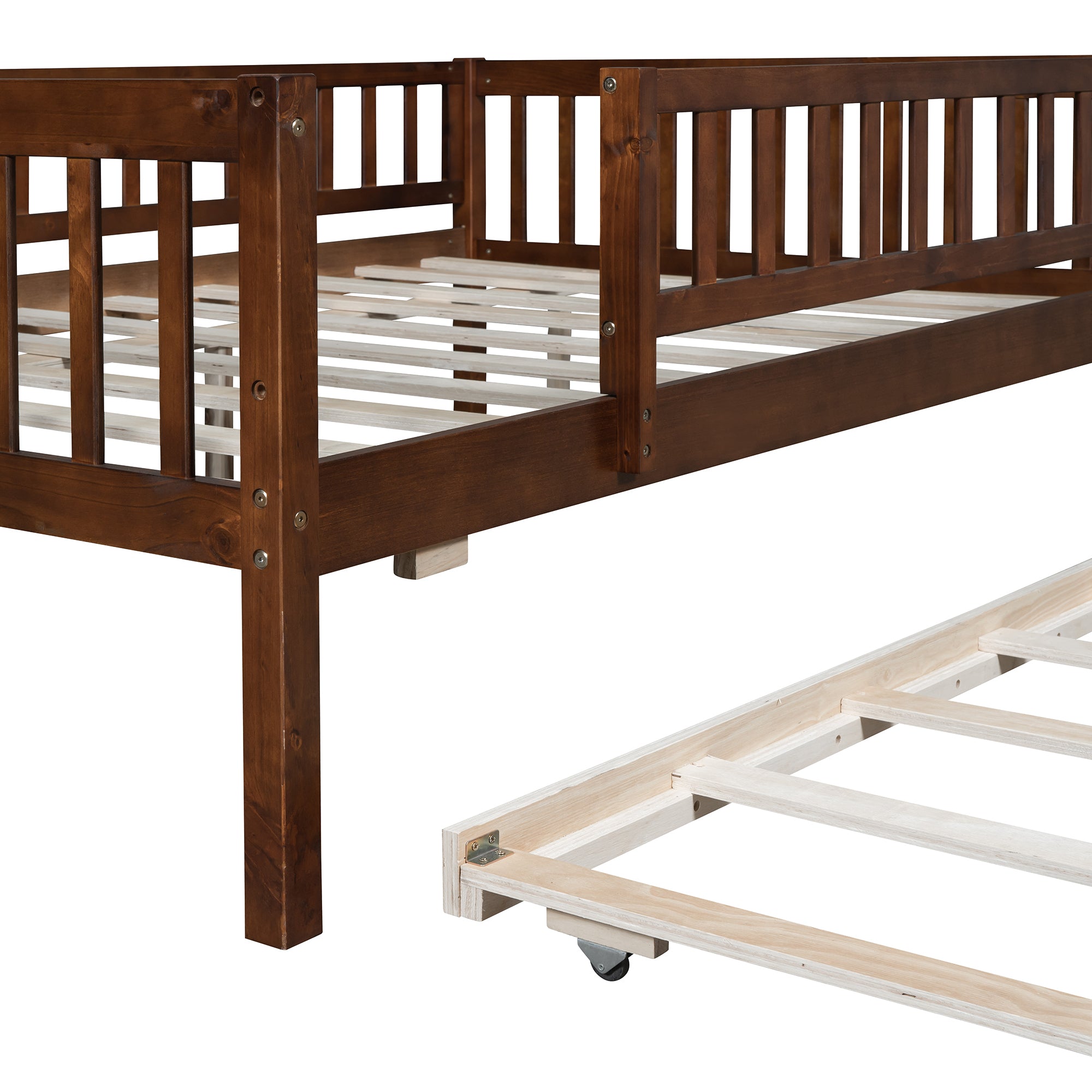 Full Size Wood Daybed with Trundle and Fence Guardrails, Walnut