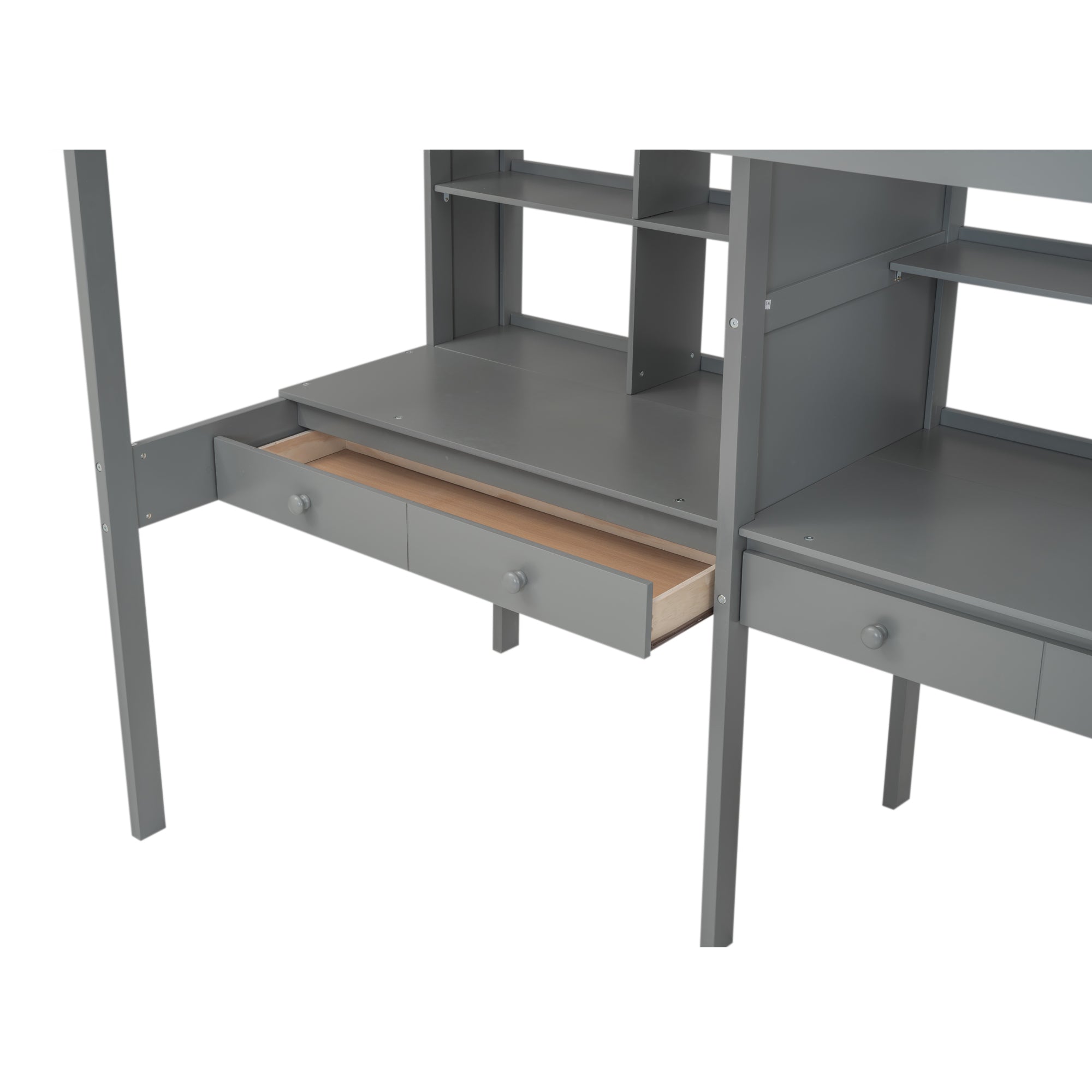 Twin Size Loft Bed Frame with Storage Staircase and Double Desks and Shelves,Gray