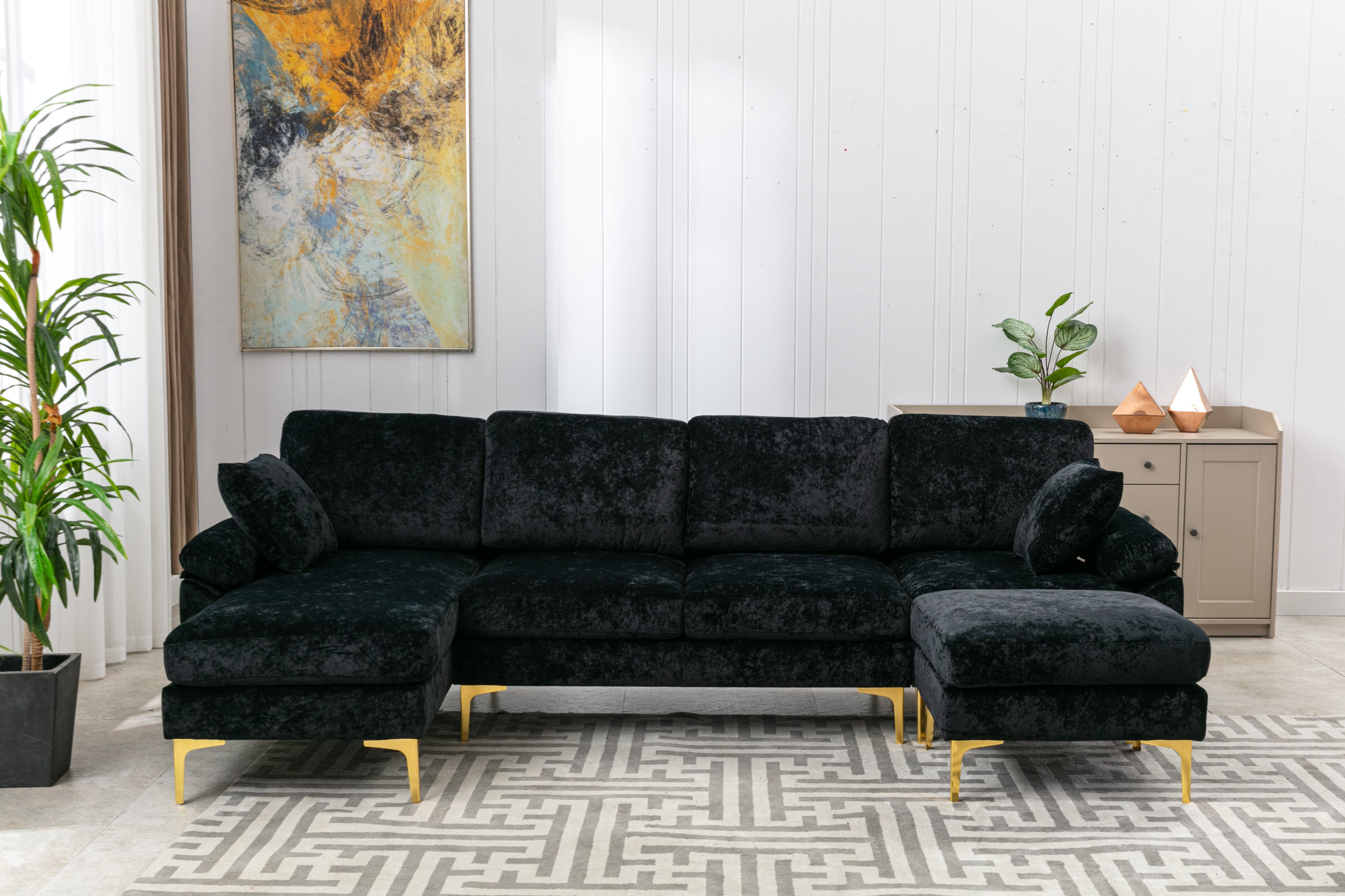 COOLMORE U-shape sectional sofa  with Ottoman , Reversible Sofa Couch for Living Room,Spacious Furniture,Durable Couch Removable and machine washable cover (Black Velvet)