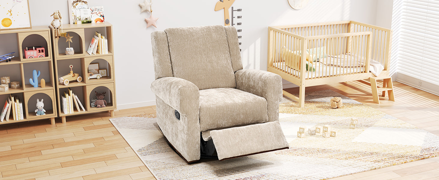 Brown swivel rocker recliner chair, reclined position