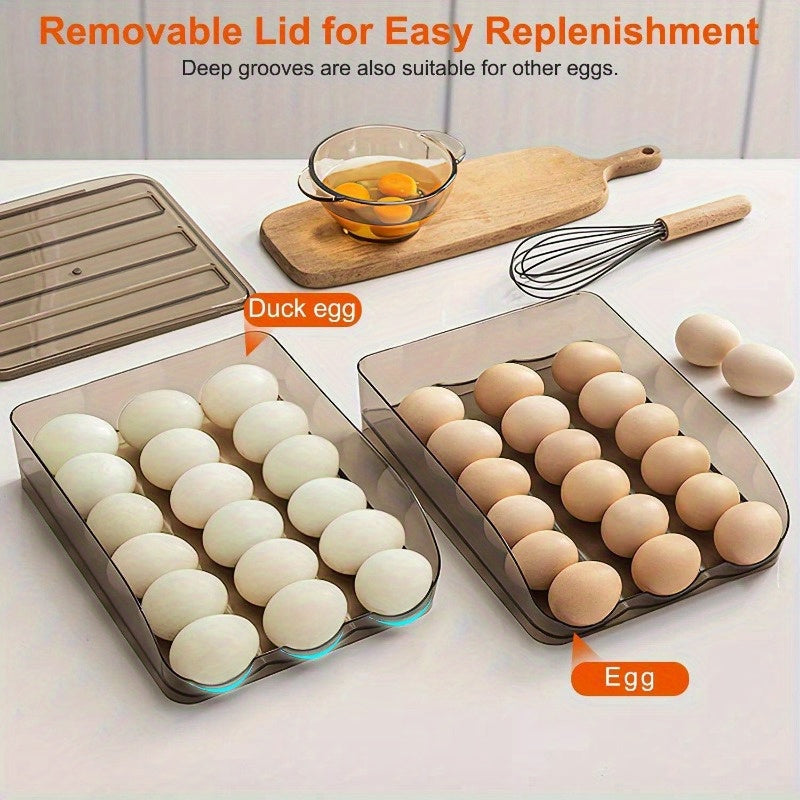 2-Tier Automatic Rolling Egg Rack Refrigerator Storage Container Drawer with Lid